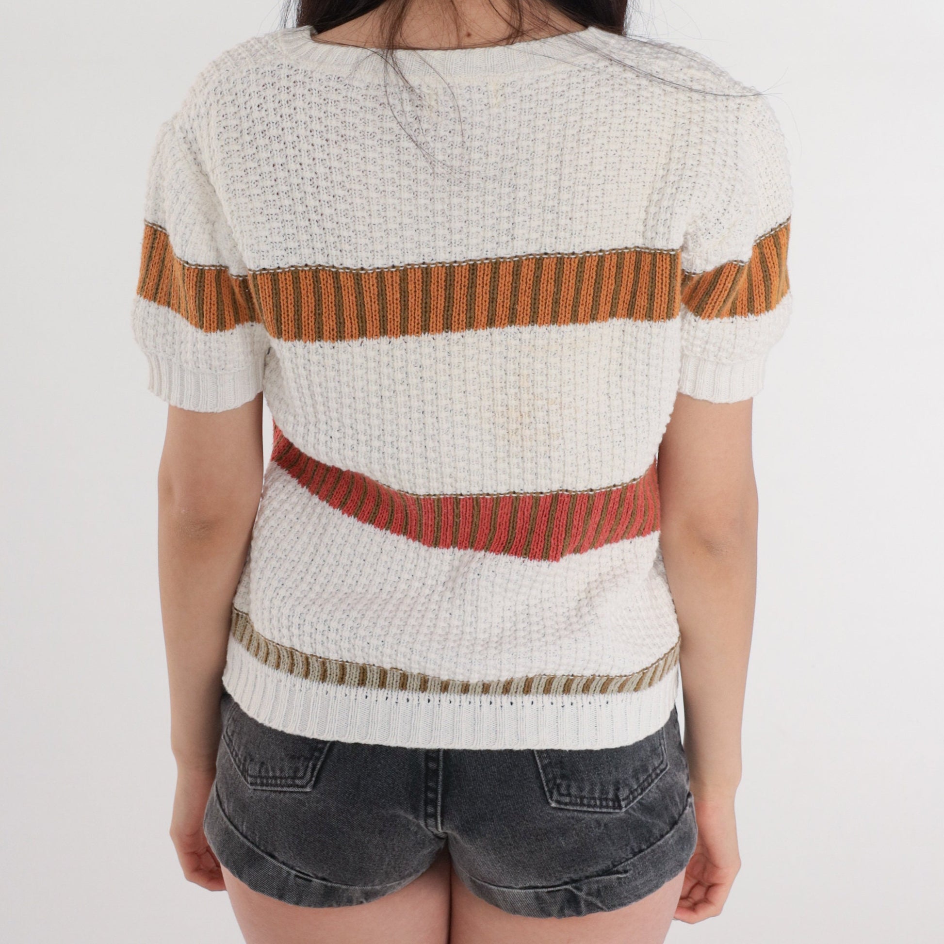 80s Striped V-Neck Knit Sweater Top White Red Orange Olive Small