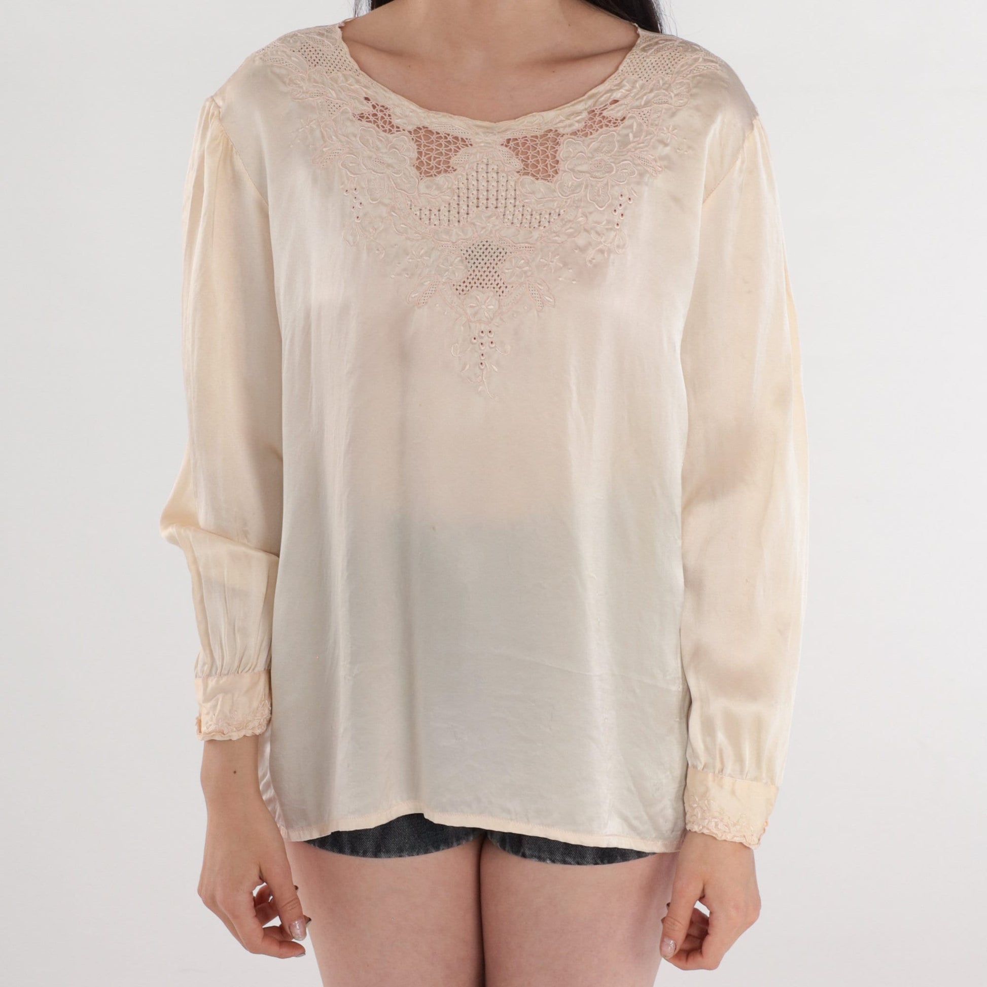 80s Cream Floral Embroidered Cutout Blouse Pink Flowers Medium