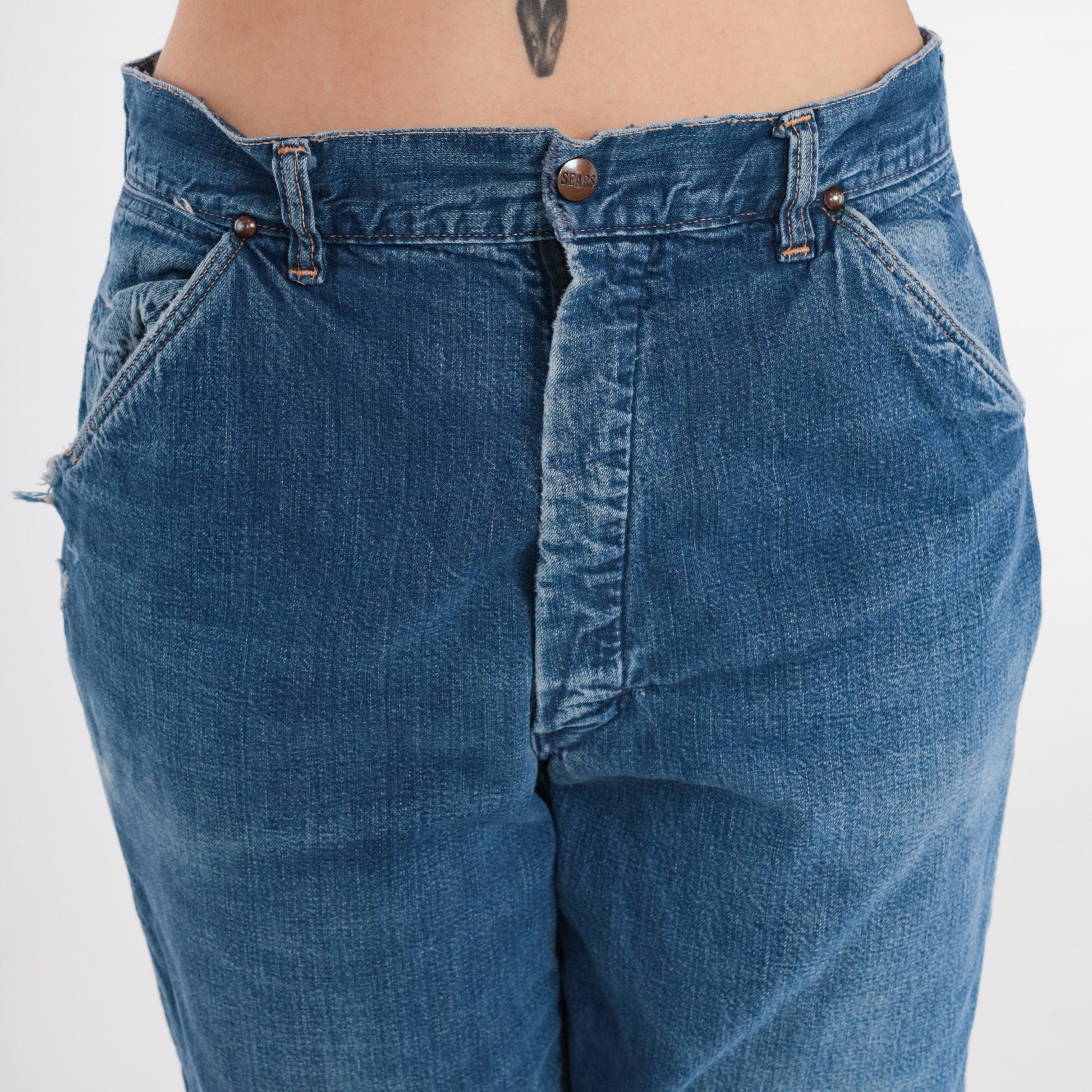 70s High Waist Tapered Ankle Jeans Blue Denim Elastic Cuff Medium M
