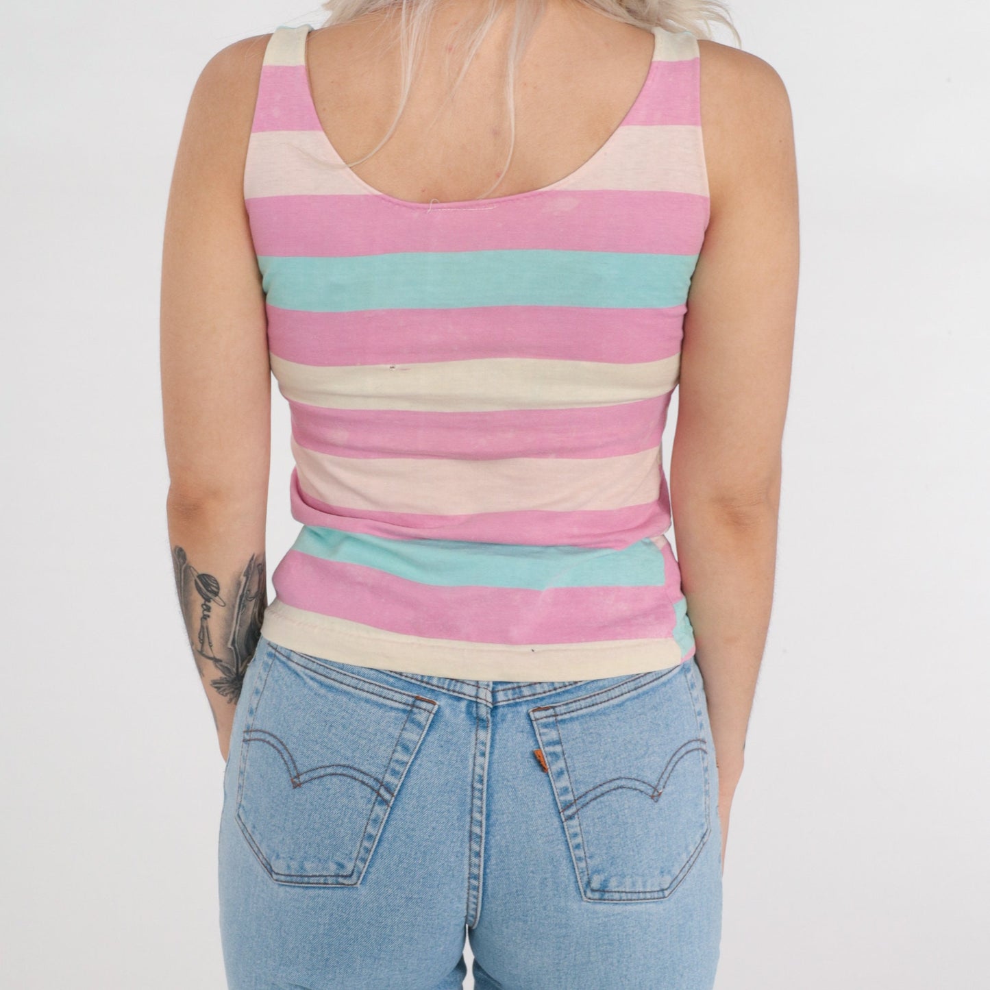 80s Striped Tank Top Multicolor Pink Blue Sleeveless Cotton Extra Small