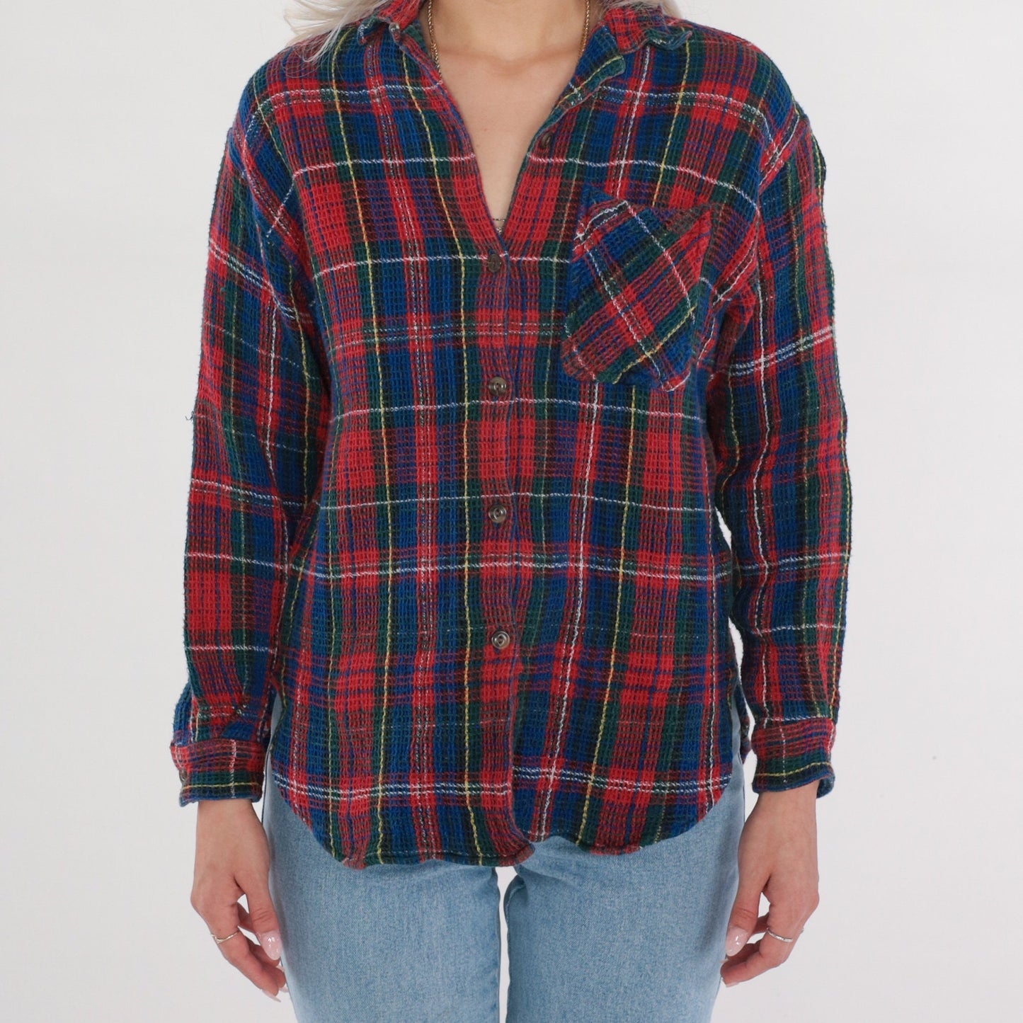 90s Boom Clothing Plaid Button Up Blouse Blue Red Checkered Cotton Small S