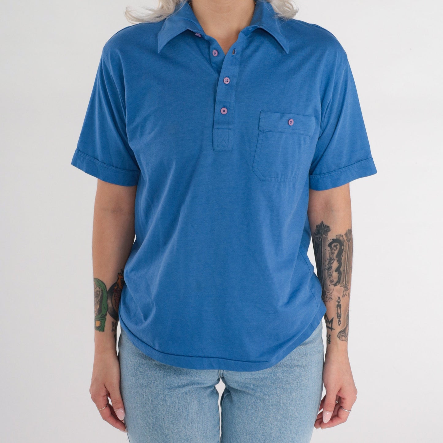 80s Blue Polo Shirt Cotton Button-Up Short Sleeve Collared Medium