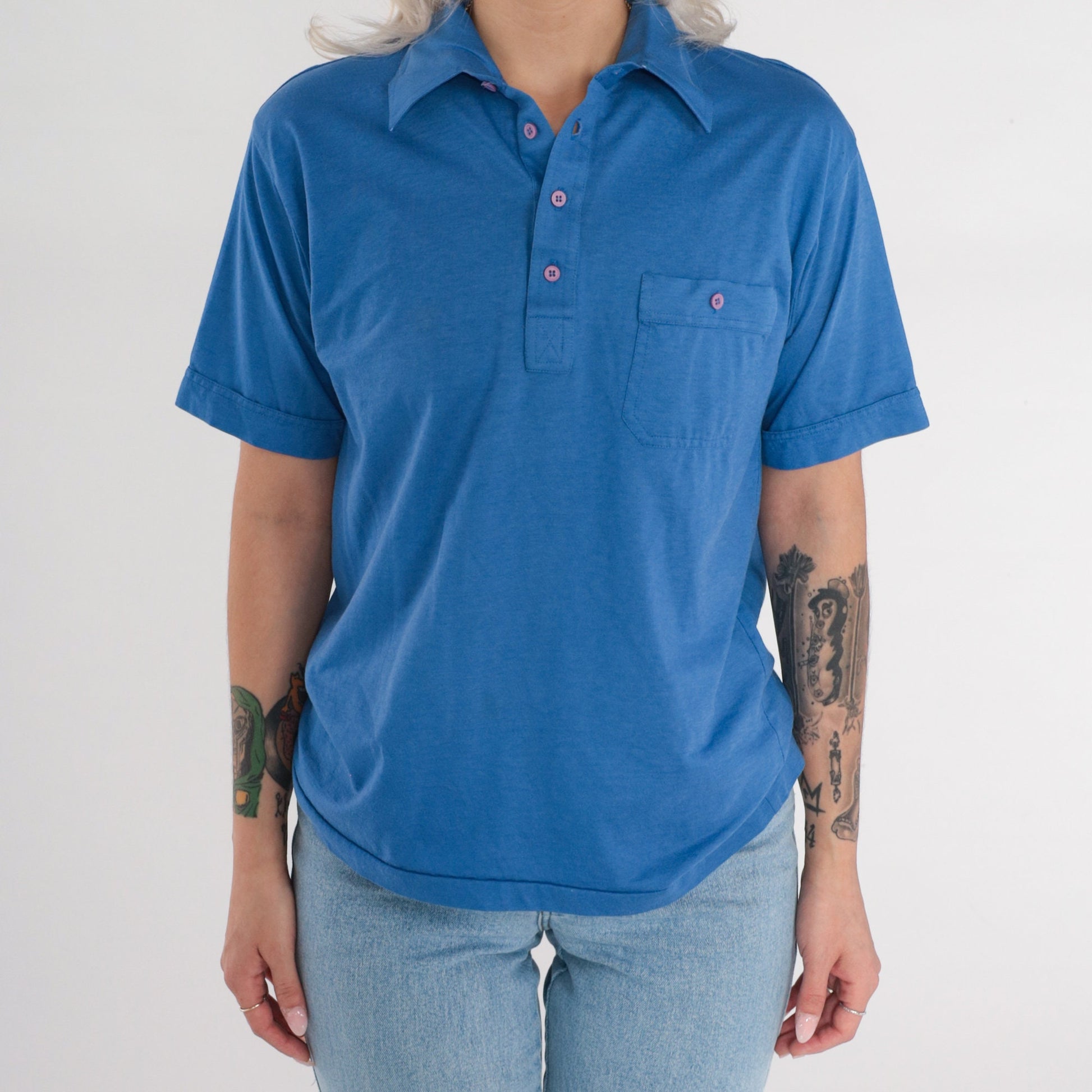 80s Blue Polo Shirt Cotton Button-Up Short Sleeve Collared Medium