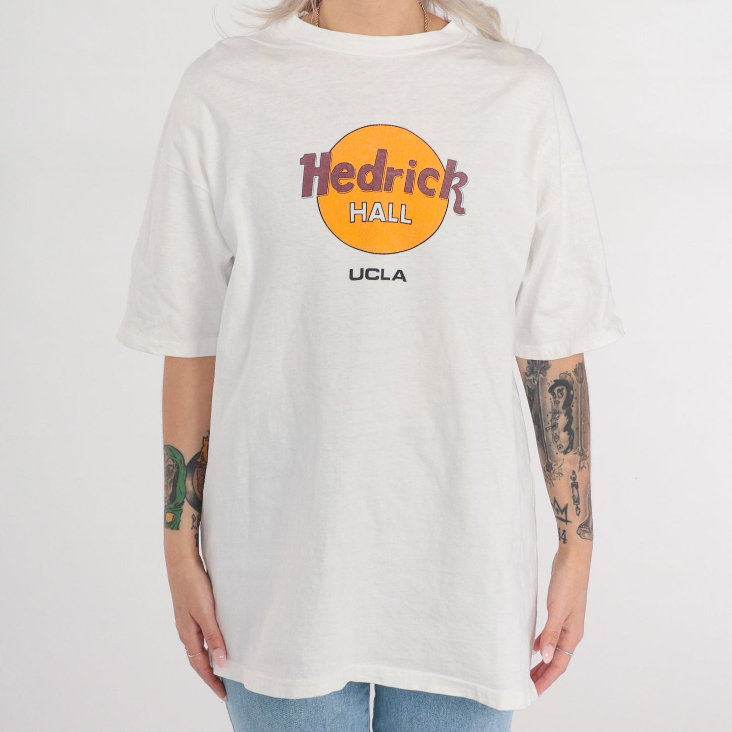 90s UCLA Hedrick Hall Graphic T-Shirt White Cotton Extra Large