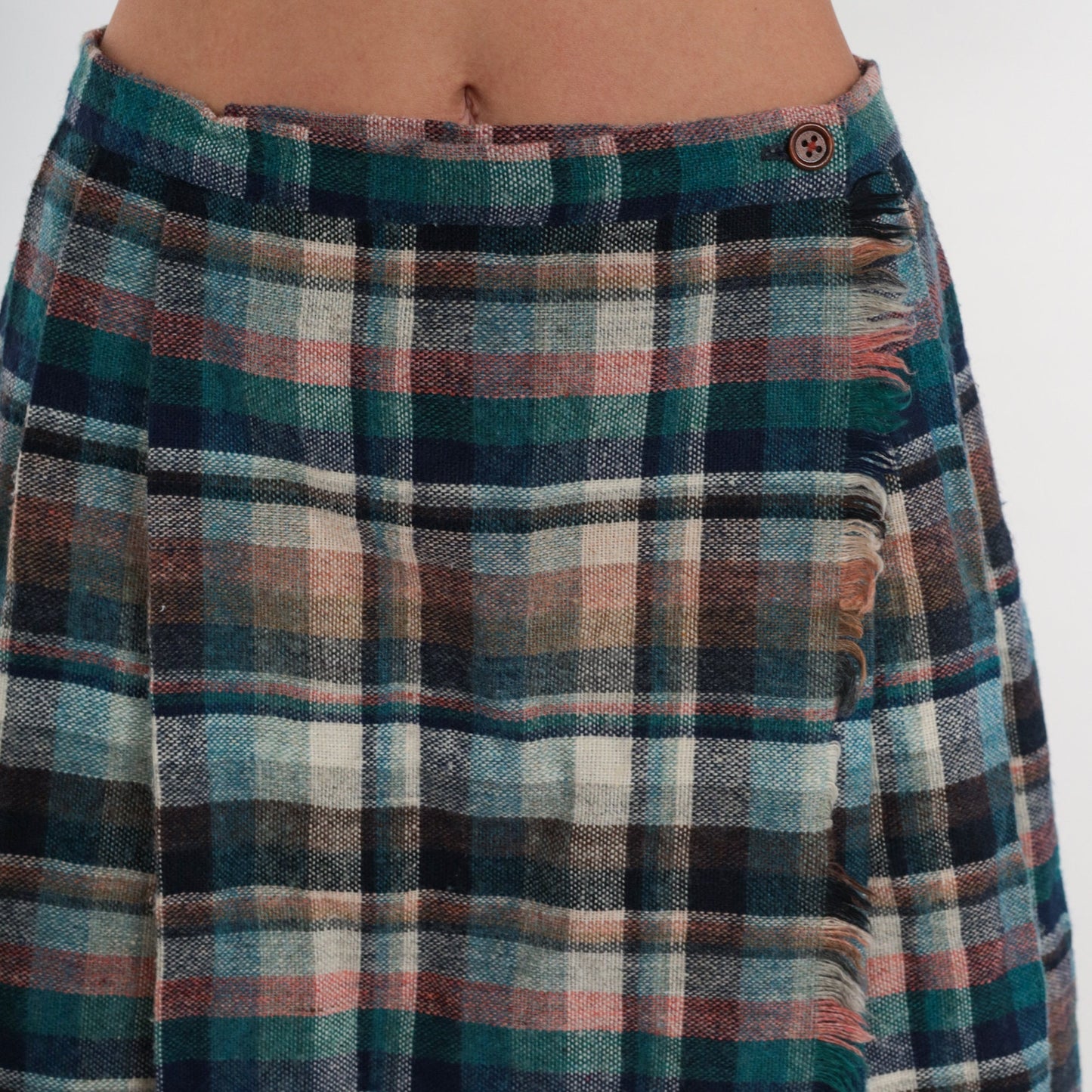 80s Plaid Wool Blend Midi Skirt High Waist Pleated Blue Green Small
