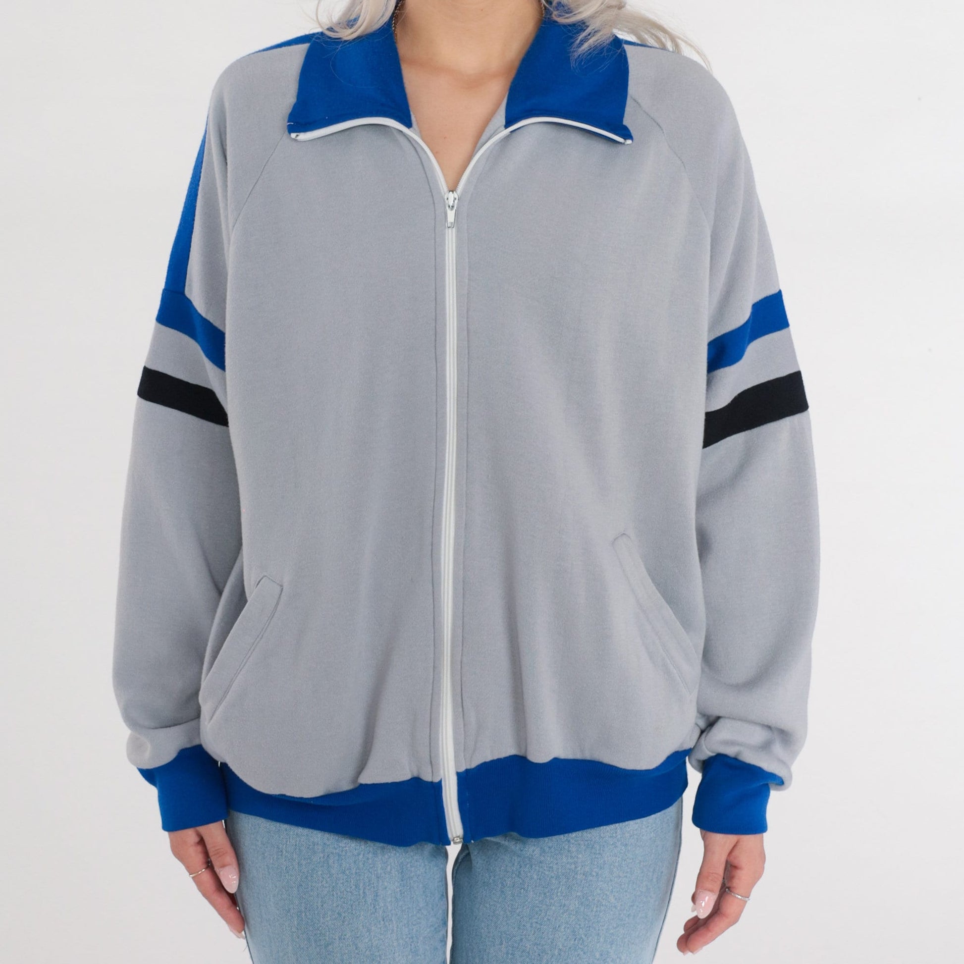 80s Grey Track Jacket Blue Black Striped Zip Up Sweatshirt Large