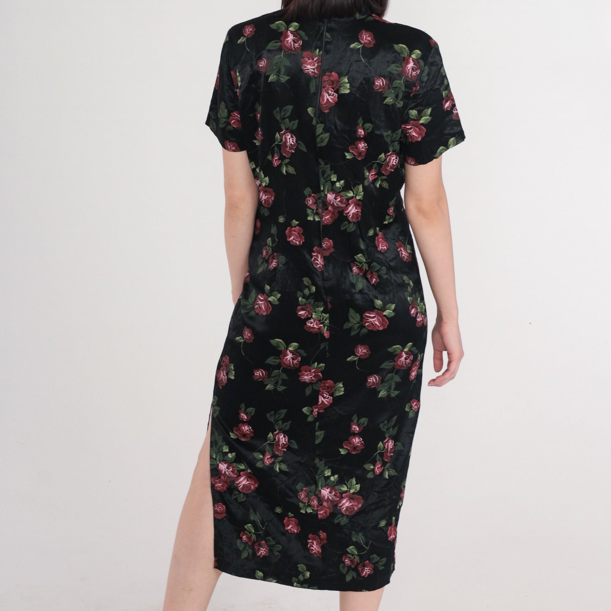 90s Jason Cody Cheongsam Midi Dress Black Floral Mandarin Collar Large