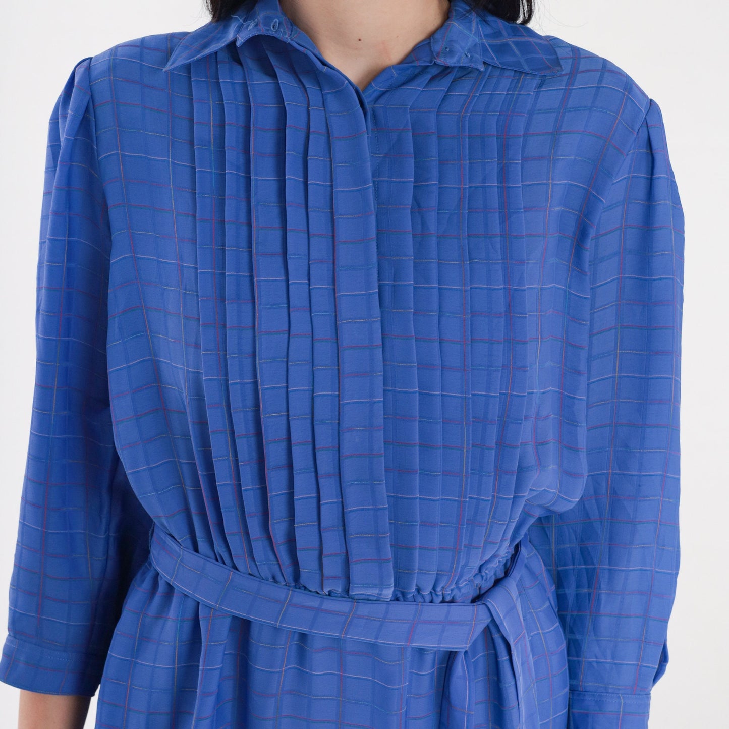 70s Ms Chaus Blue Checkered Mini Dress High Waist Pleated Button Up Medium Large