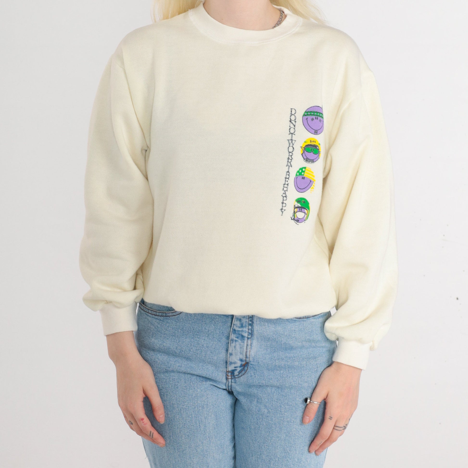 80s Smiley Face Don't Worry Be Happy Sweatshirt Cream Graphic Crewneck Large
