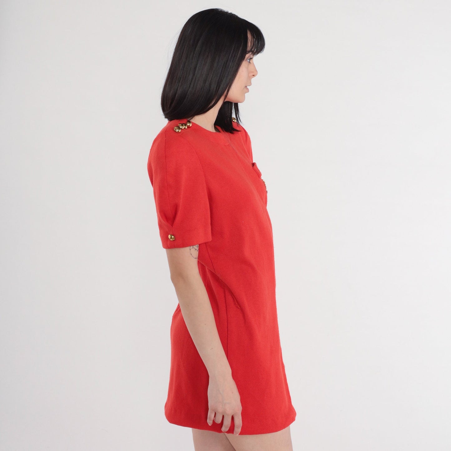 80s Leslie Fay Red Mini Dress Puff Sleeve Gold Buttons Sparkly Crest Patch Large