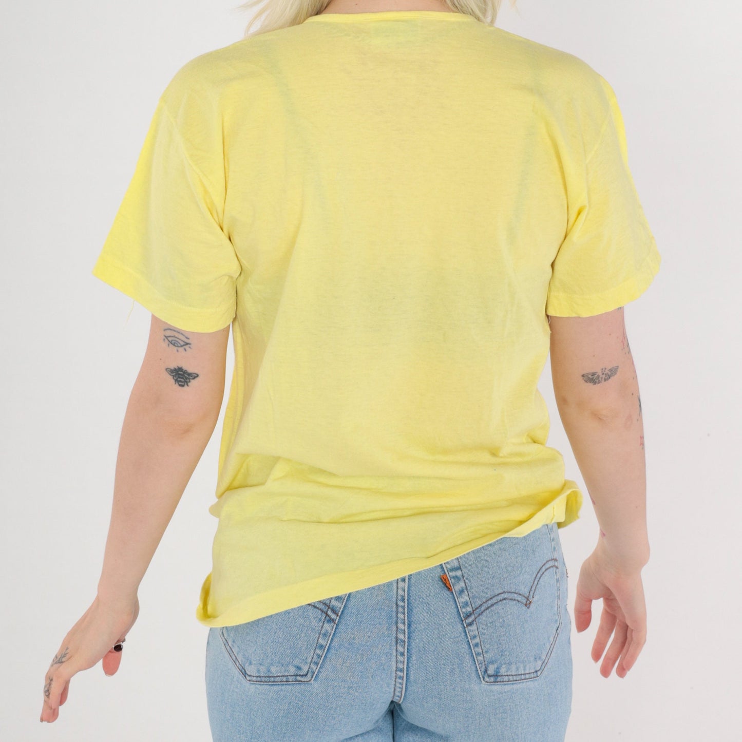80s Panda Graphic Henley T-Shirt Yellow Cotton Painted Animal Tee Small S