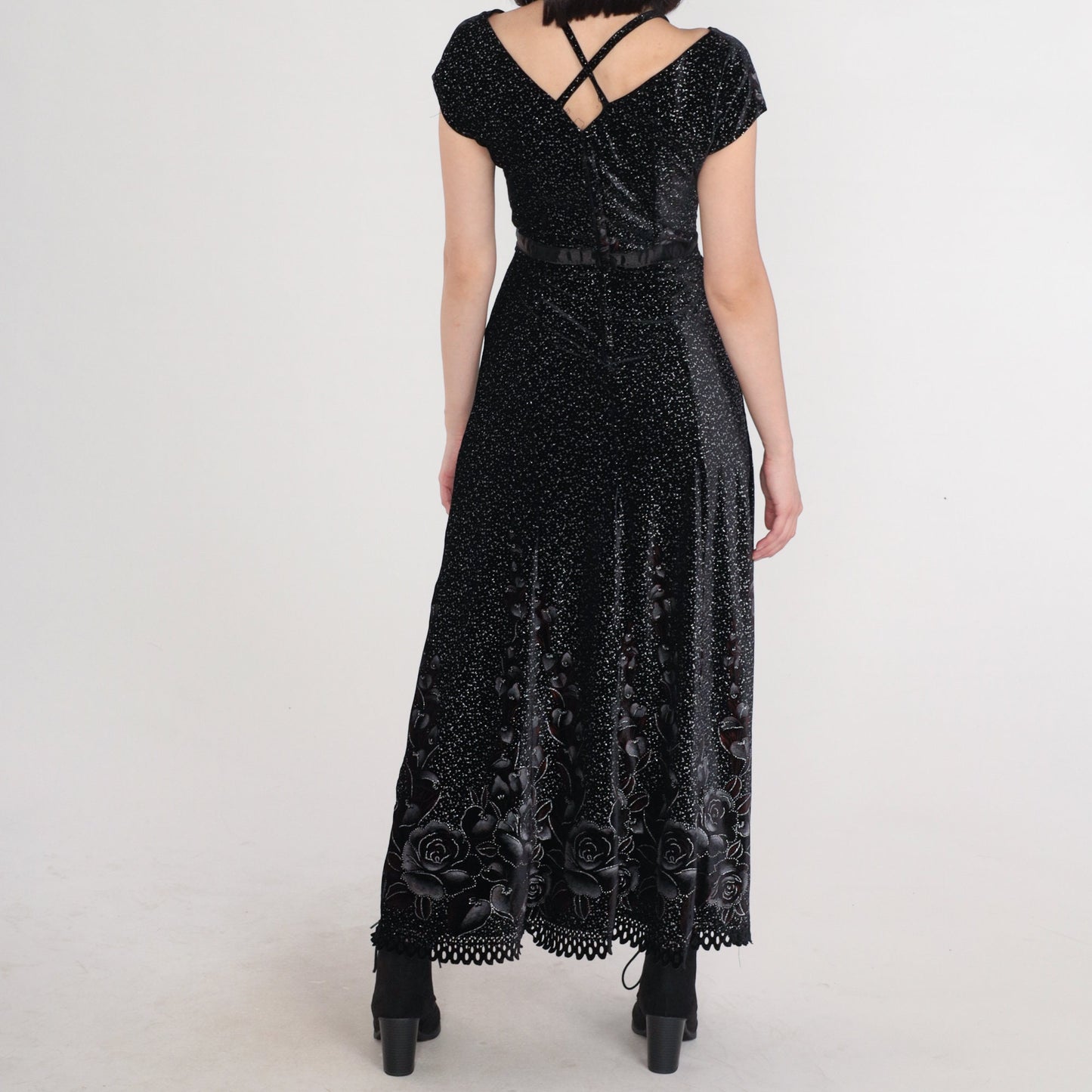 80s Black Velvet Maxi Dress Sparkly Floral Rose Print High Waisted Small