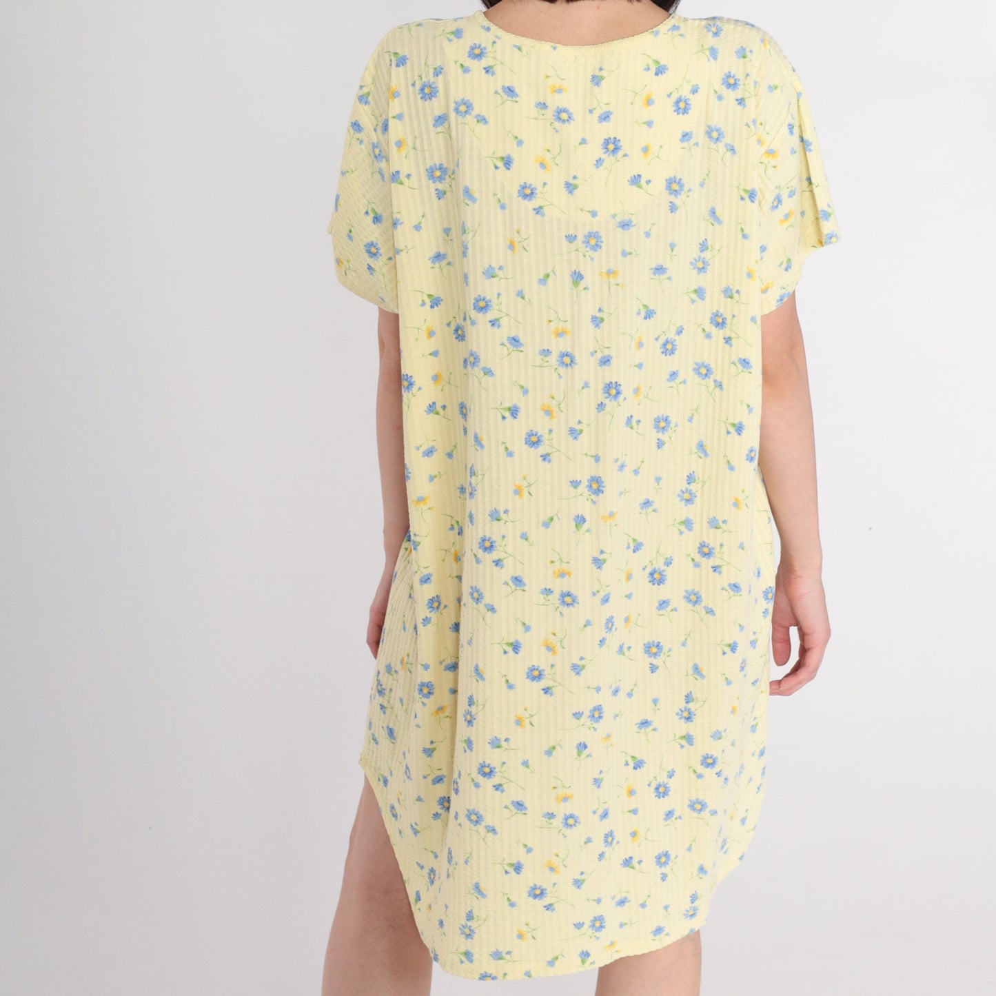 00s Yellow Floral Mini Dress Plus Size XXL Button-Up Short Sleeve