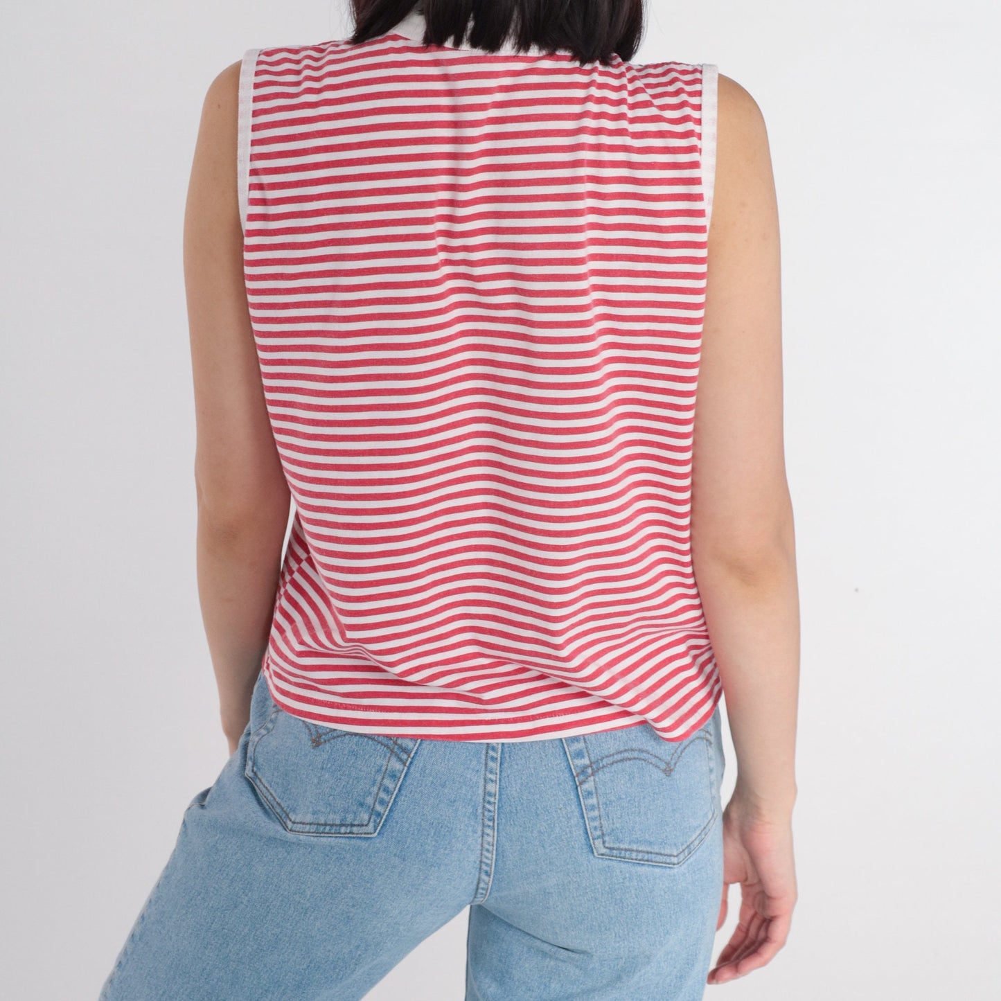 90s La Playa Striped Tank Top Mock Neck Ringer Tee Red White Large