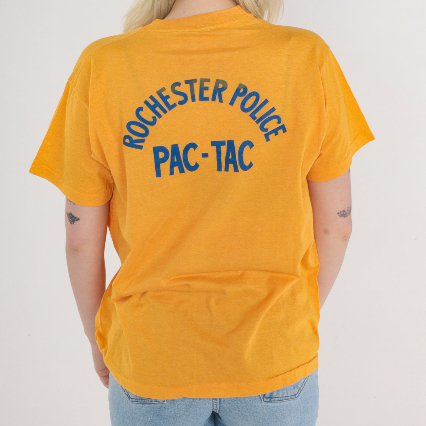 80s Rochester PAC-TAC Police Graphic T-Shirt Yellow Single Stitch Medium
