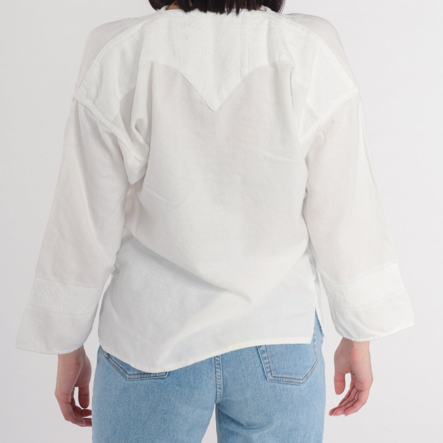 90s White Cotton Woven Blouse Long Sleeve V-Neck Medium M