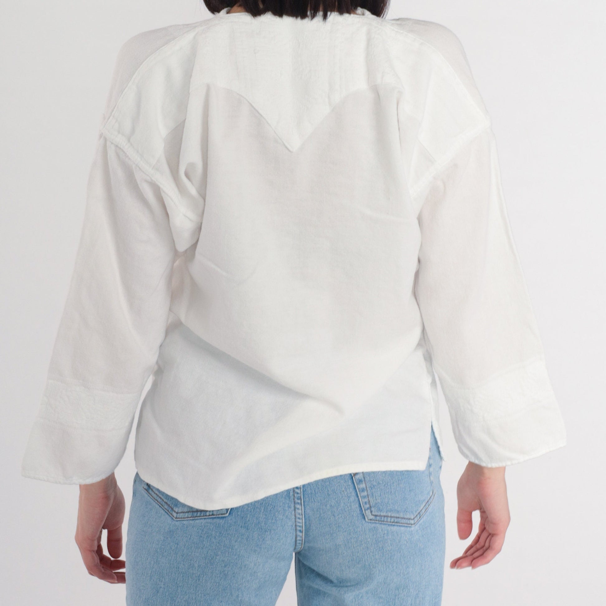 90s White Cotton Woven Blouse Long Sleeve V-Neck Medium M