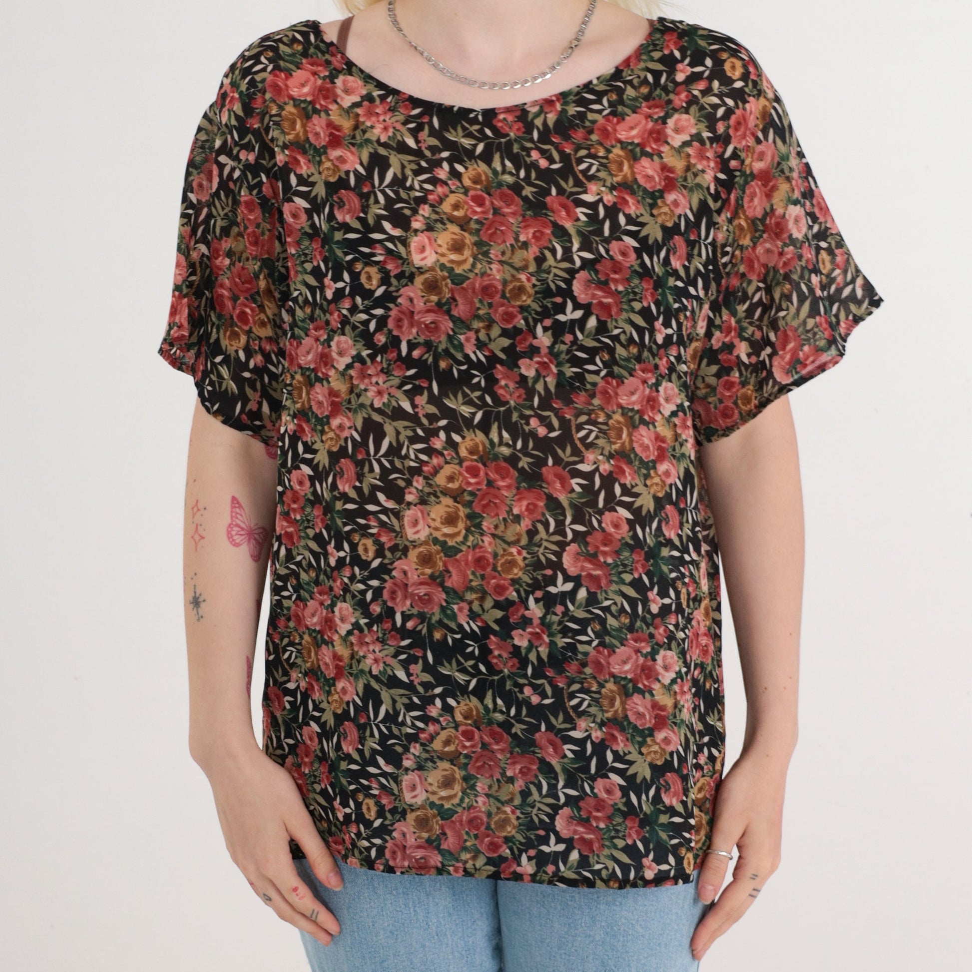 90s Black Floral Rose Print Blouse Short Sleeve Top Large L