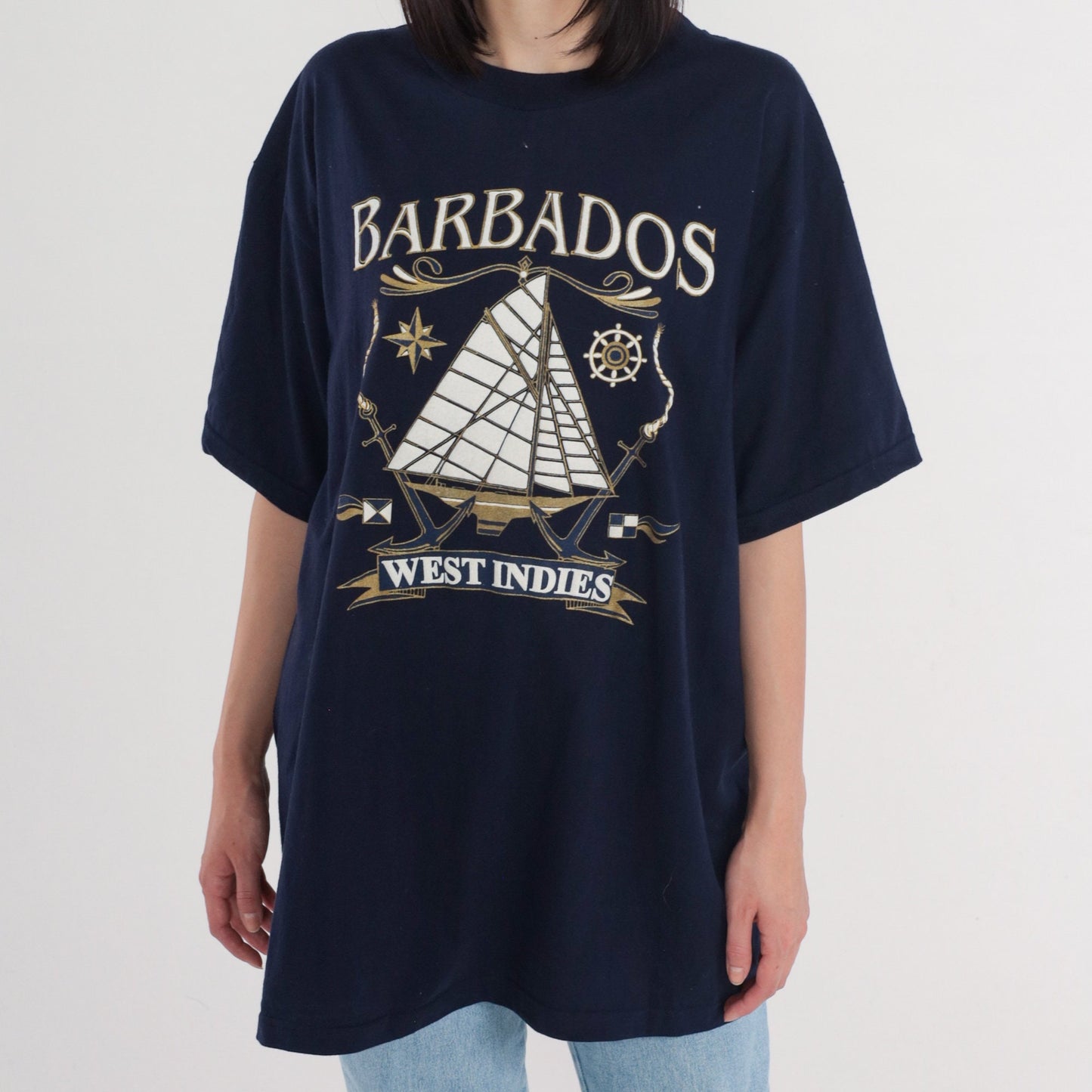 90s Barbados West Indies Sailboat Graphic T-Shirt Navy Cotton XXL