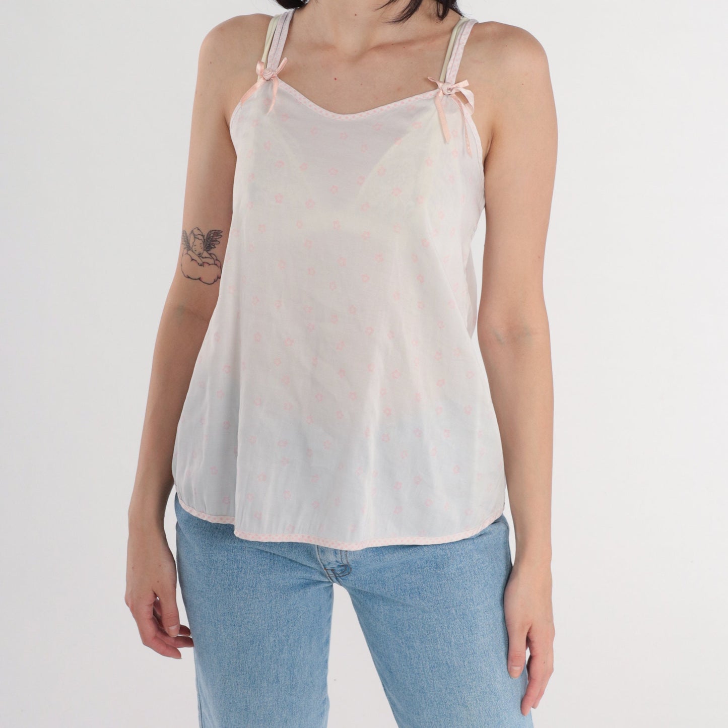 80s White Floral Camisole Pink Ditsy Print Spaghetti Strap Tank Small