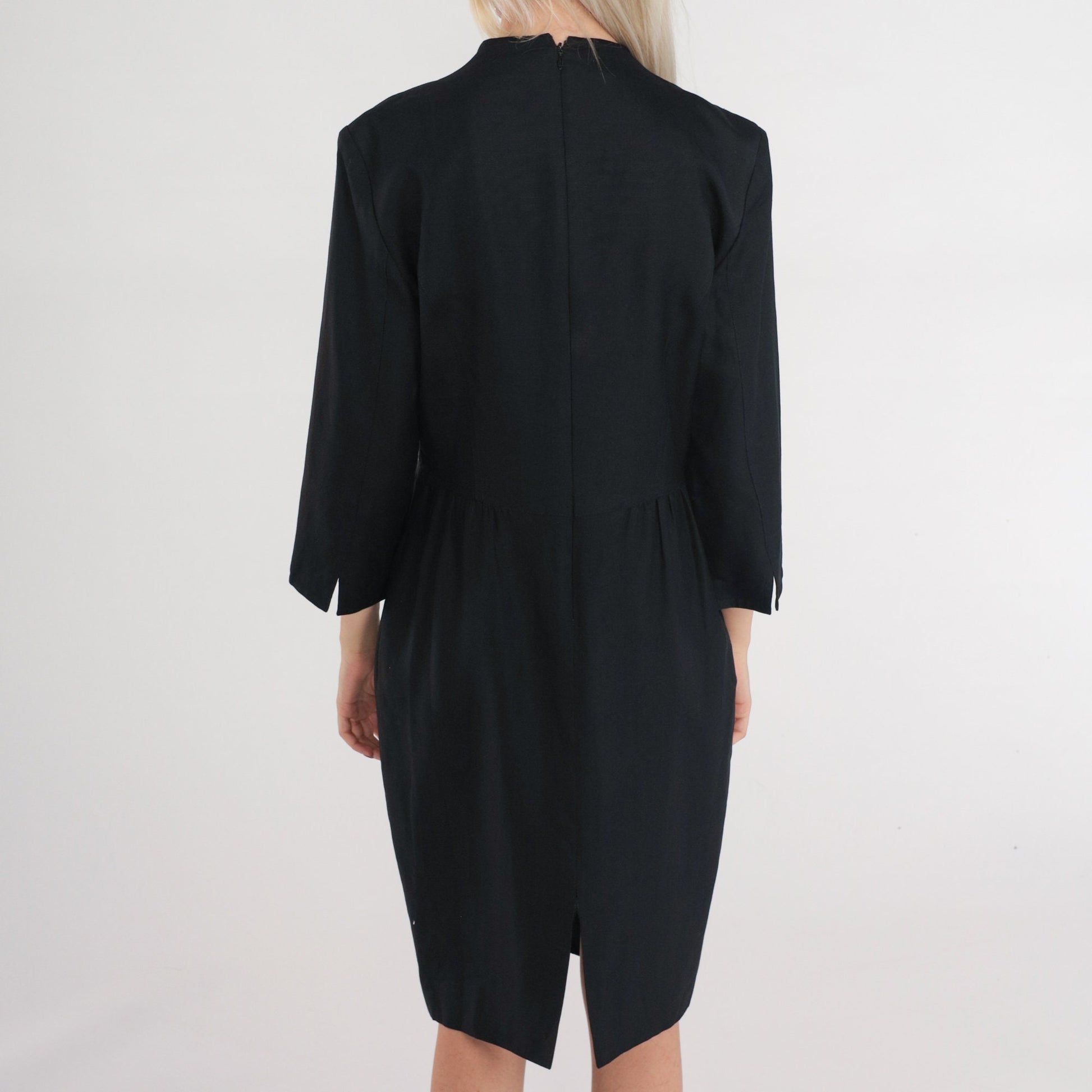 90s Black Sheath Dress Long Sleeve High Waist Knee Length Medium