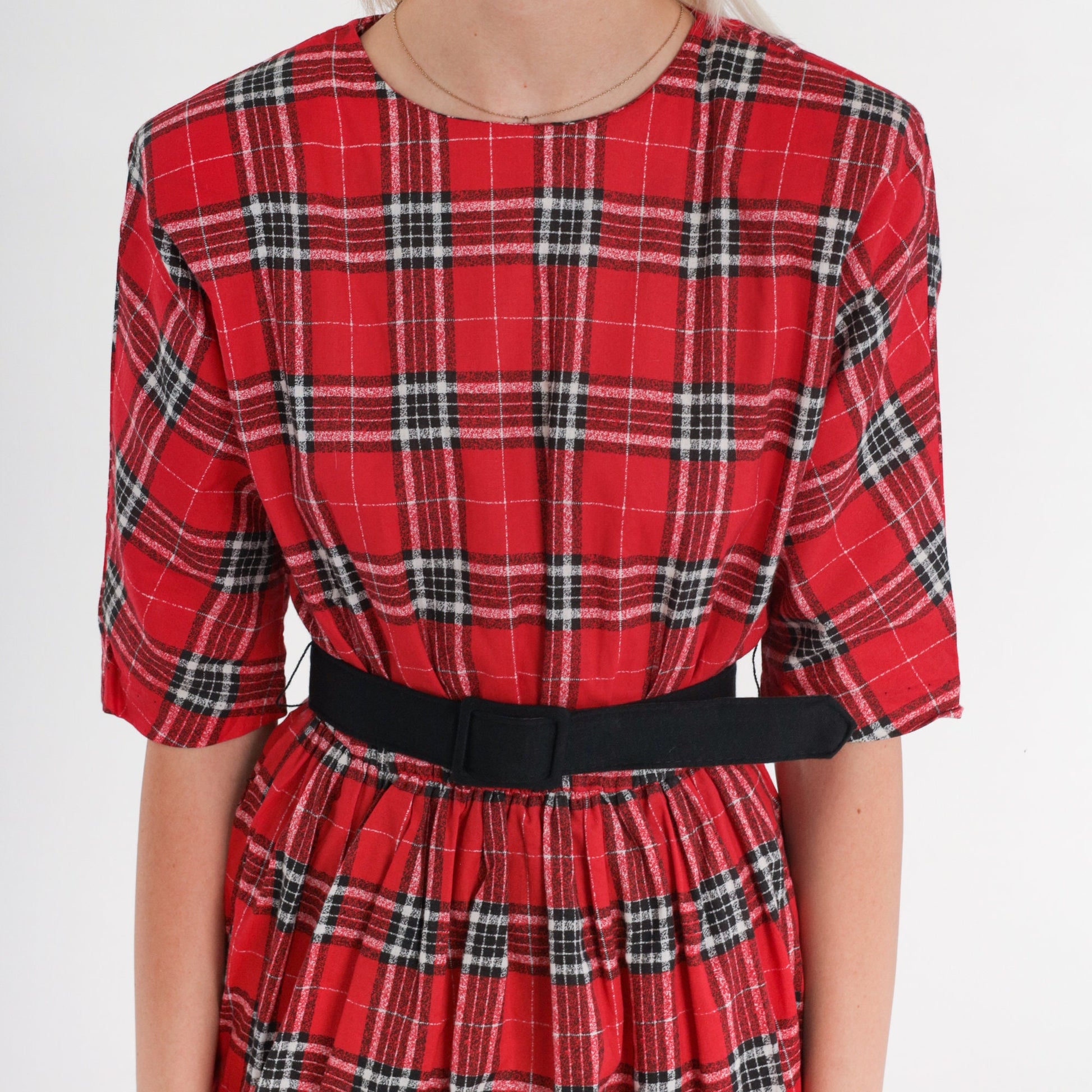 80s Bee Darlin Red Plaid Peplum Midi Dress Black Pencil Skirt Extra Small