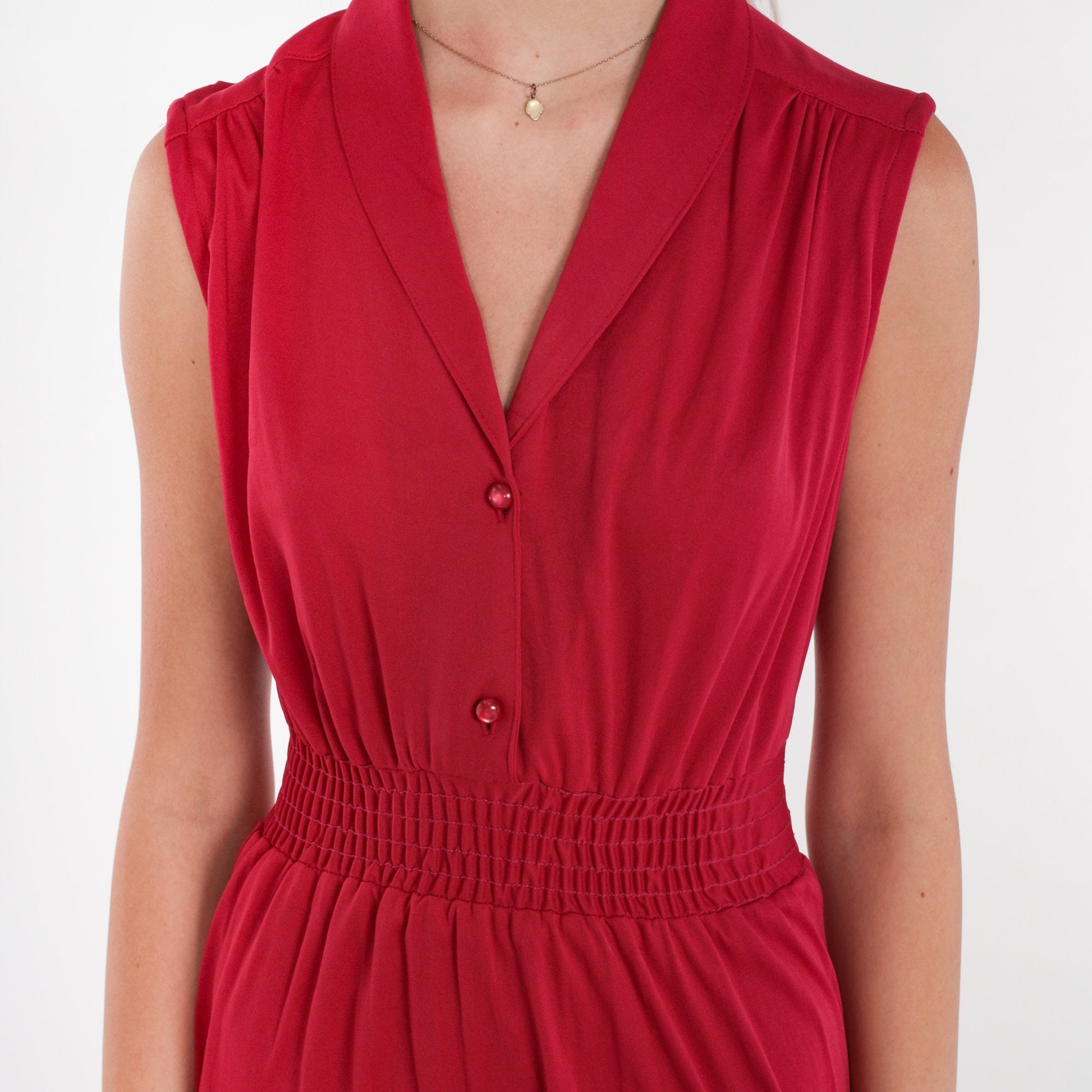 70s Raspberry Red Midi Shirtdress High Waist V Neck Smocked Small