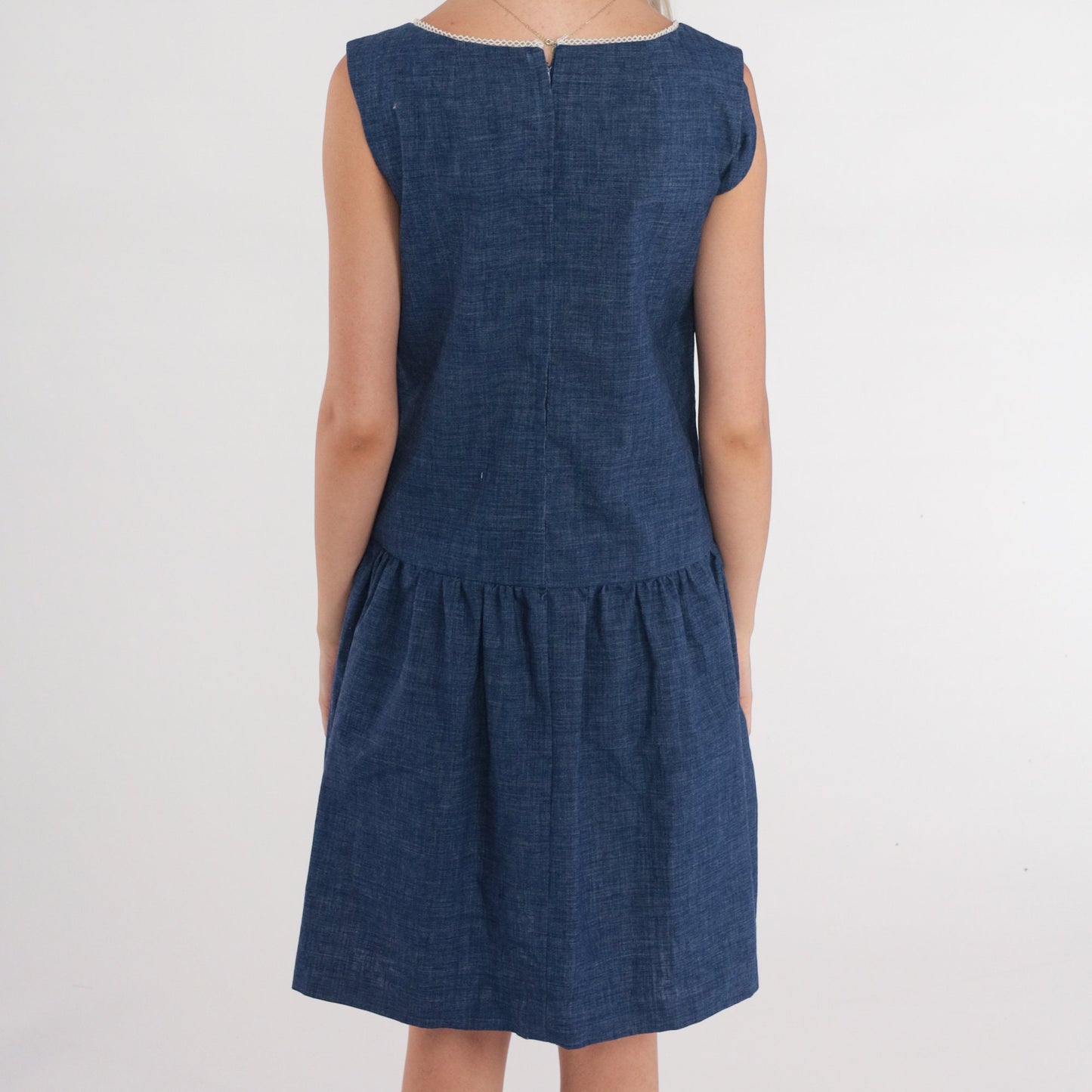 60s Mod Dark Blue Cotton Mini Shift Dress Drop Waist Sleeveless Extra Small