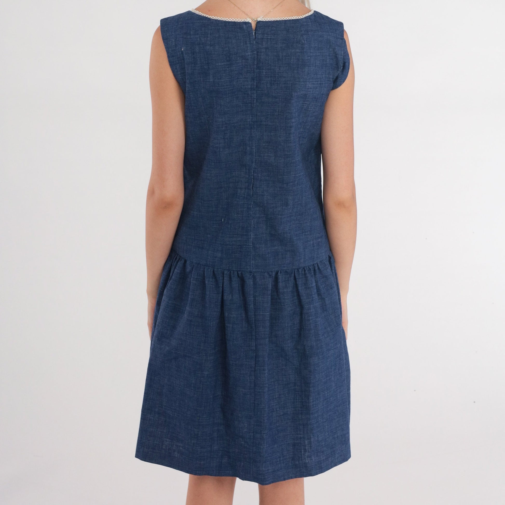 60s Mod Dark Blue Cotton Mini Shift Dress Drop Waist Sleeveless Extra Small