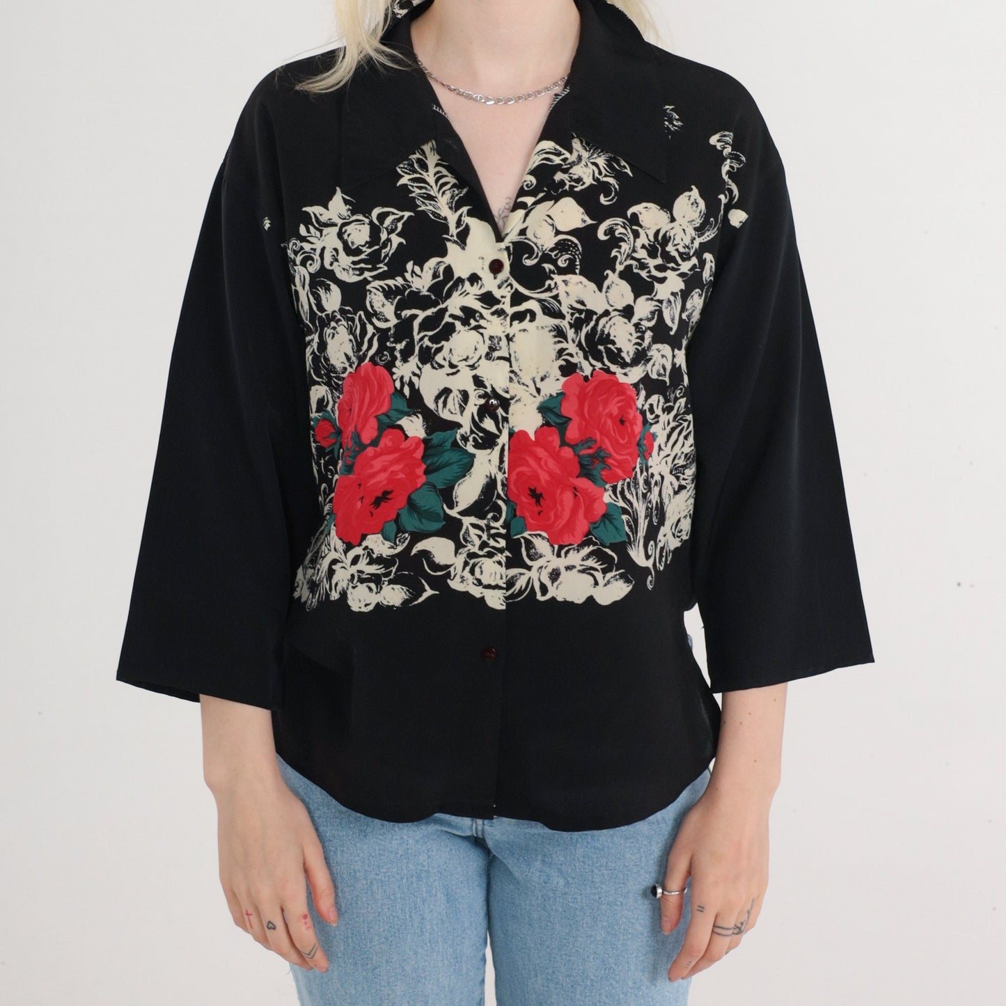 80s Black Floral Rose Print Button-Up Blouse 3/4 Sleeve Collared Medium