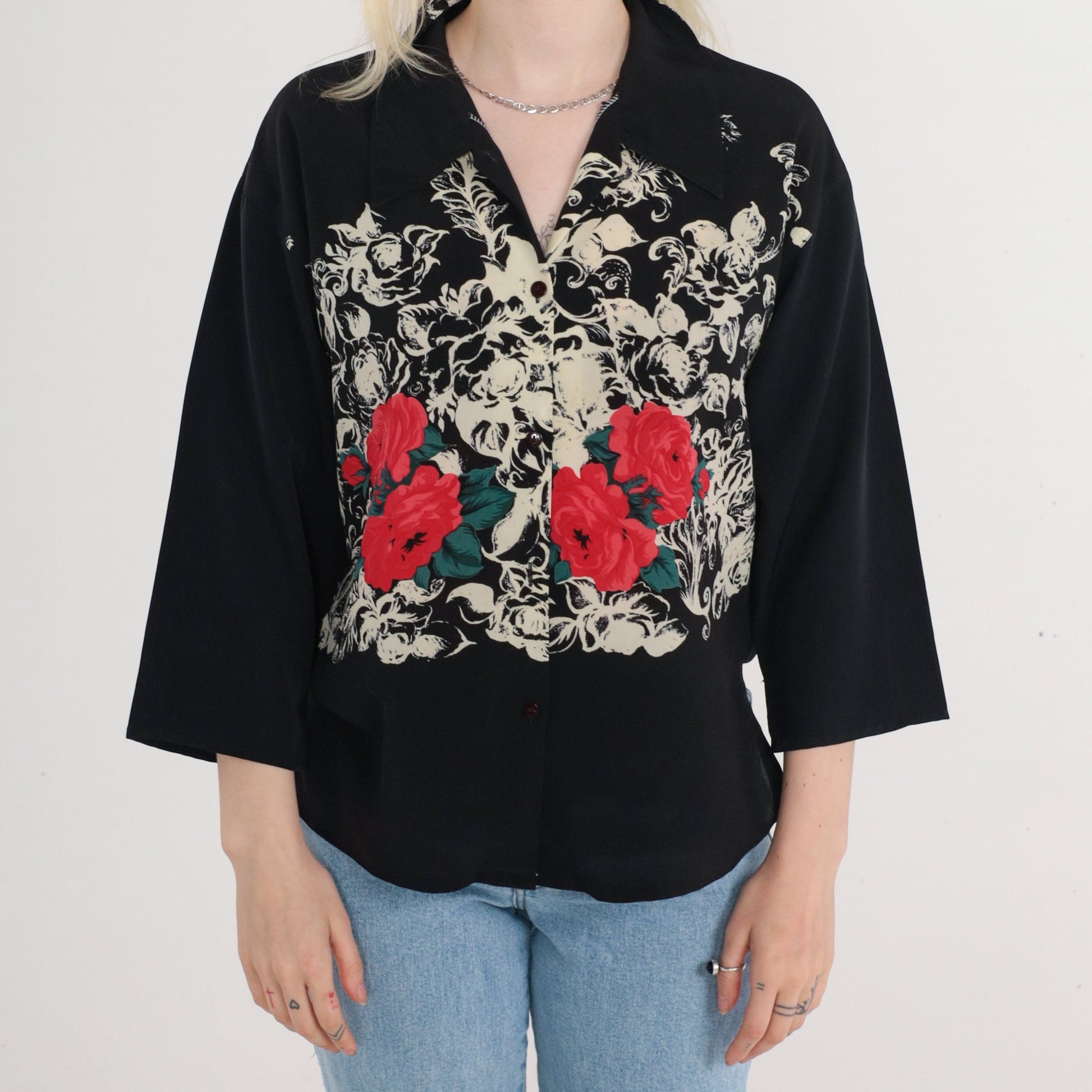 80s Black Floral Rose Print Button-Up Blouse 3/4 Sleeve Collared Medium