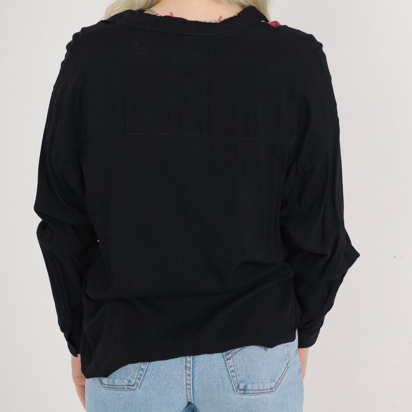90s Black Rose Floral Button-Up Blouse Long Sleeve Medium
