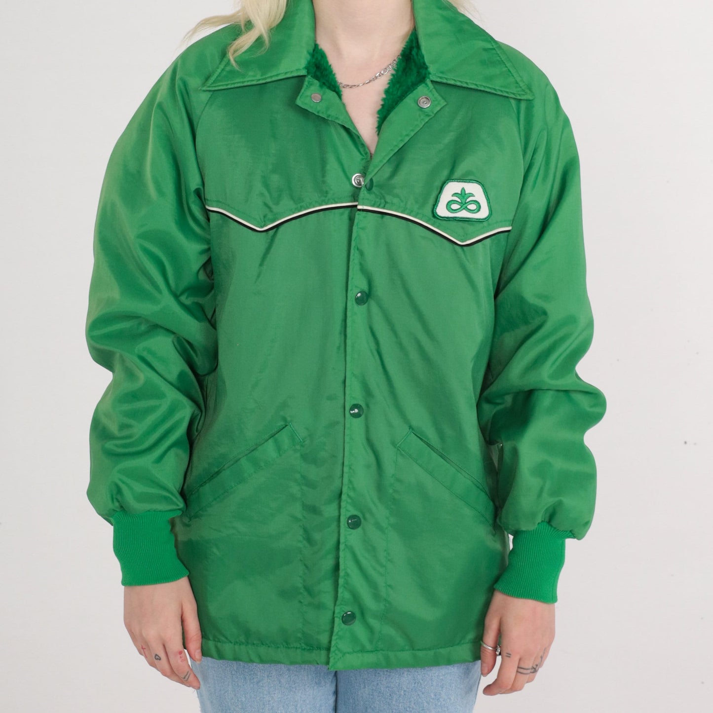 70s Green Windbreaker Jacket Faux Fur Lined Snap Fleur De Lis Medium