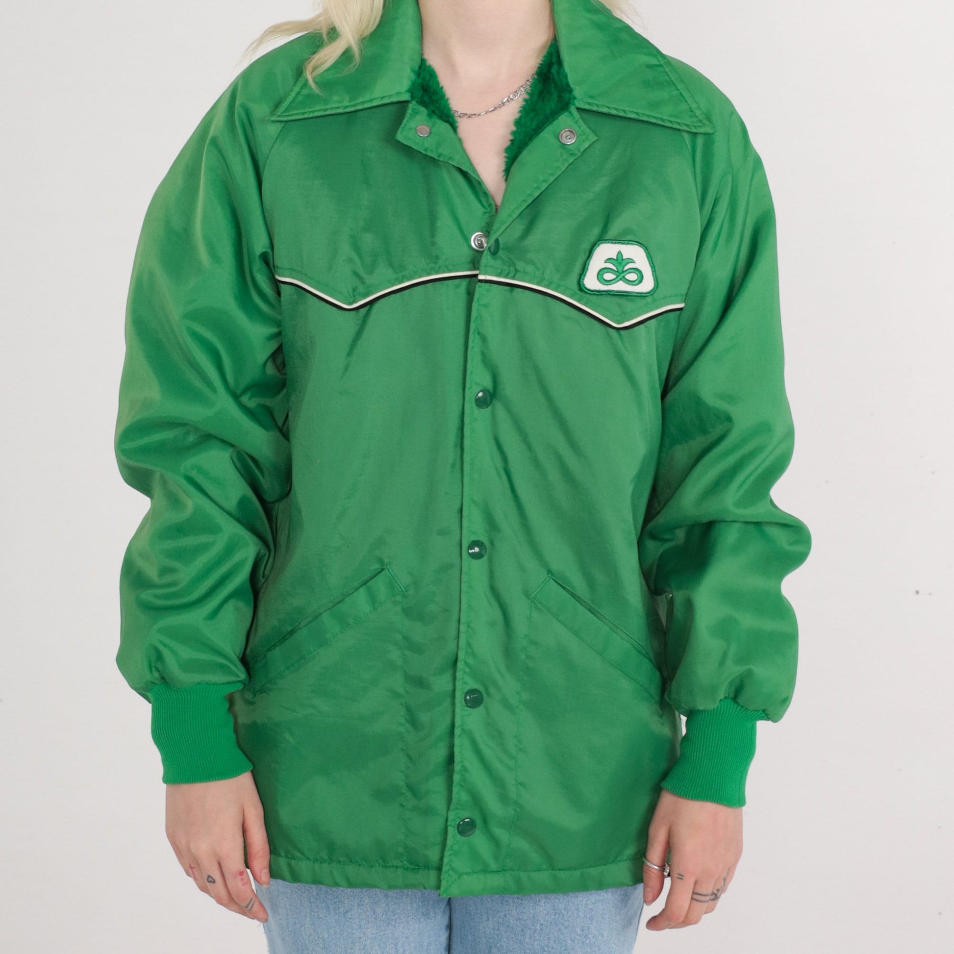 70s Green Windbreaker Jacket Faux Fur Lined Snap Fleur De Lis Medium