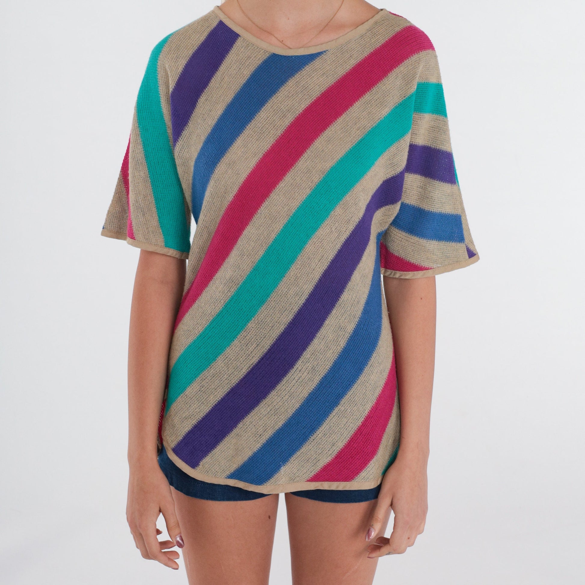 80s Striped Woven Blouse Half Sleeve Cotton Top Multicolor Small S