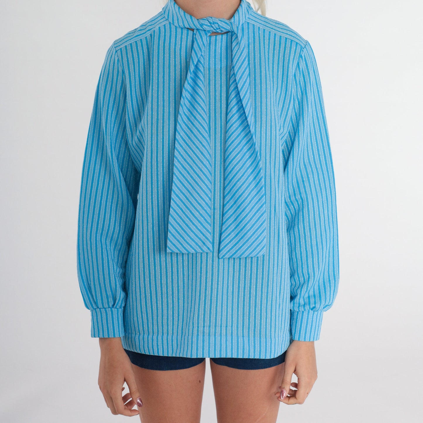 70s Blue Striped Ascot Blouse Long Sleeve Necktie Top Medium