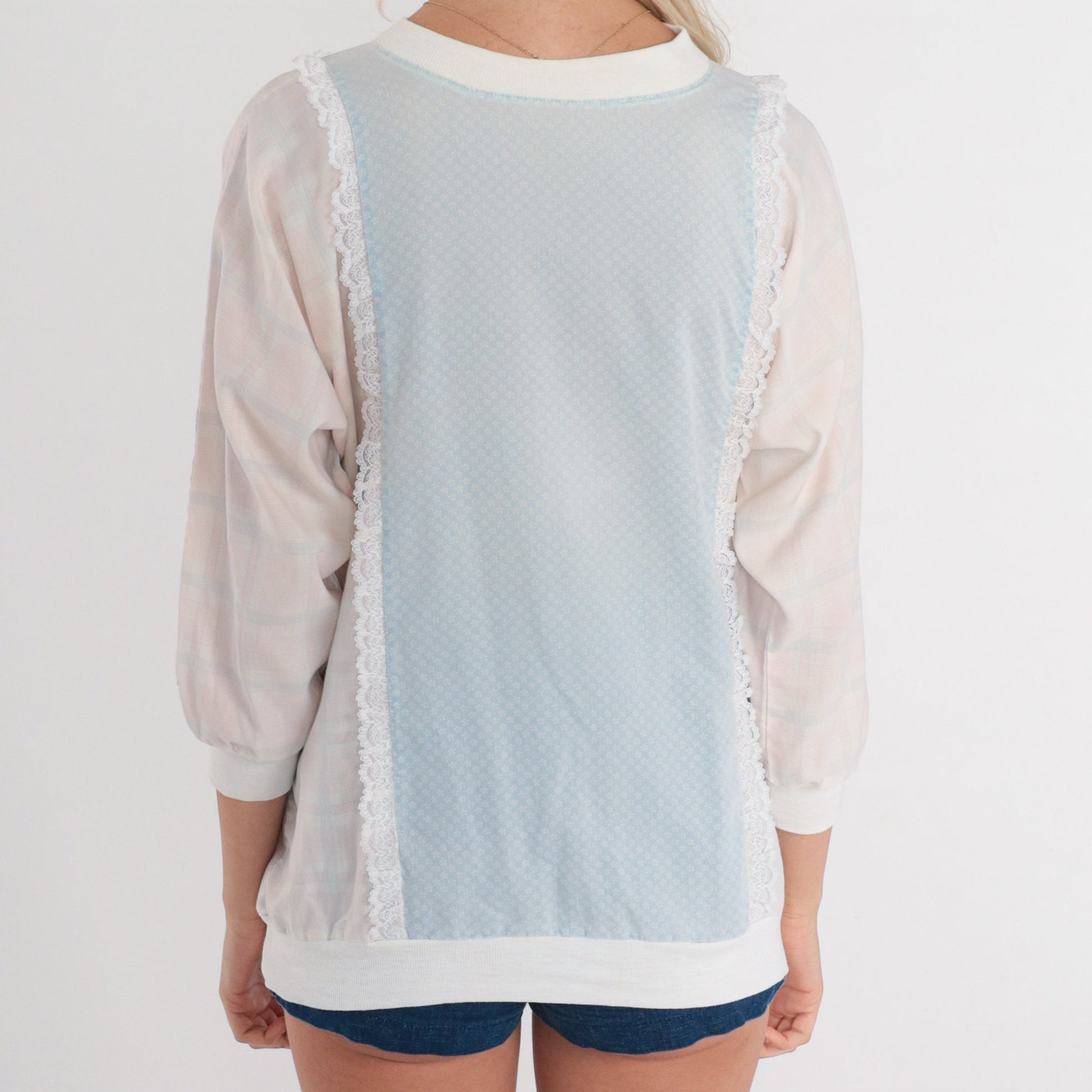 80s Plaid Floral Sweatshirt Lace Trim Ditsy Print Crewneck Blue Medium M