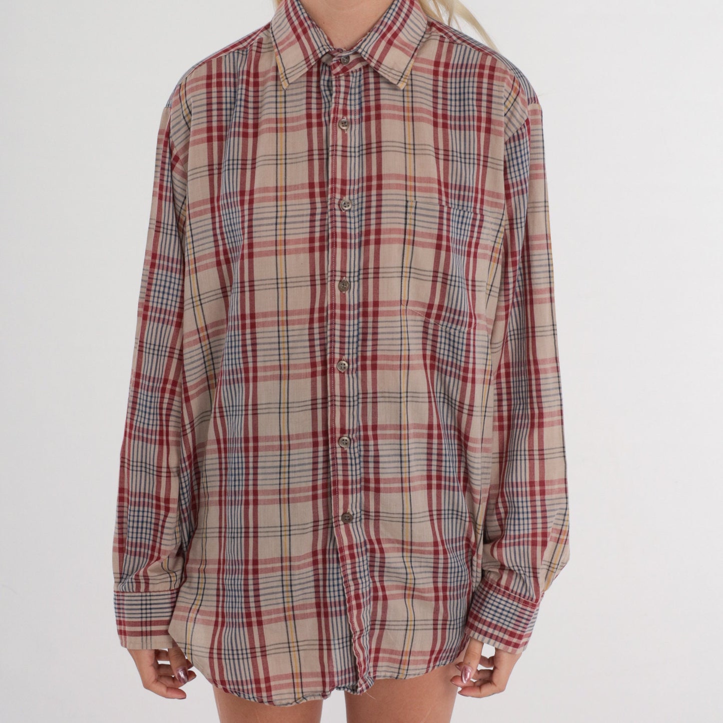 80s Tan Plaid Button-Up Shirt Long Sleeve Flannel Checkered Menswear Large