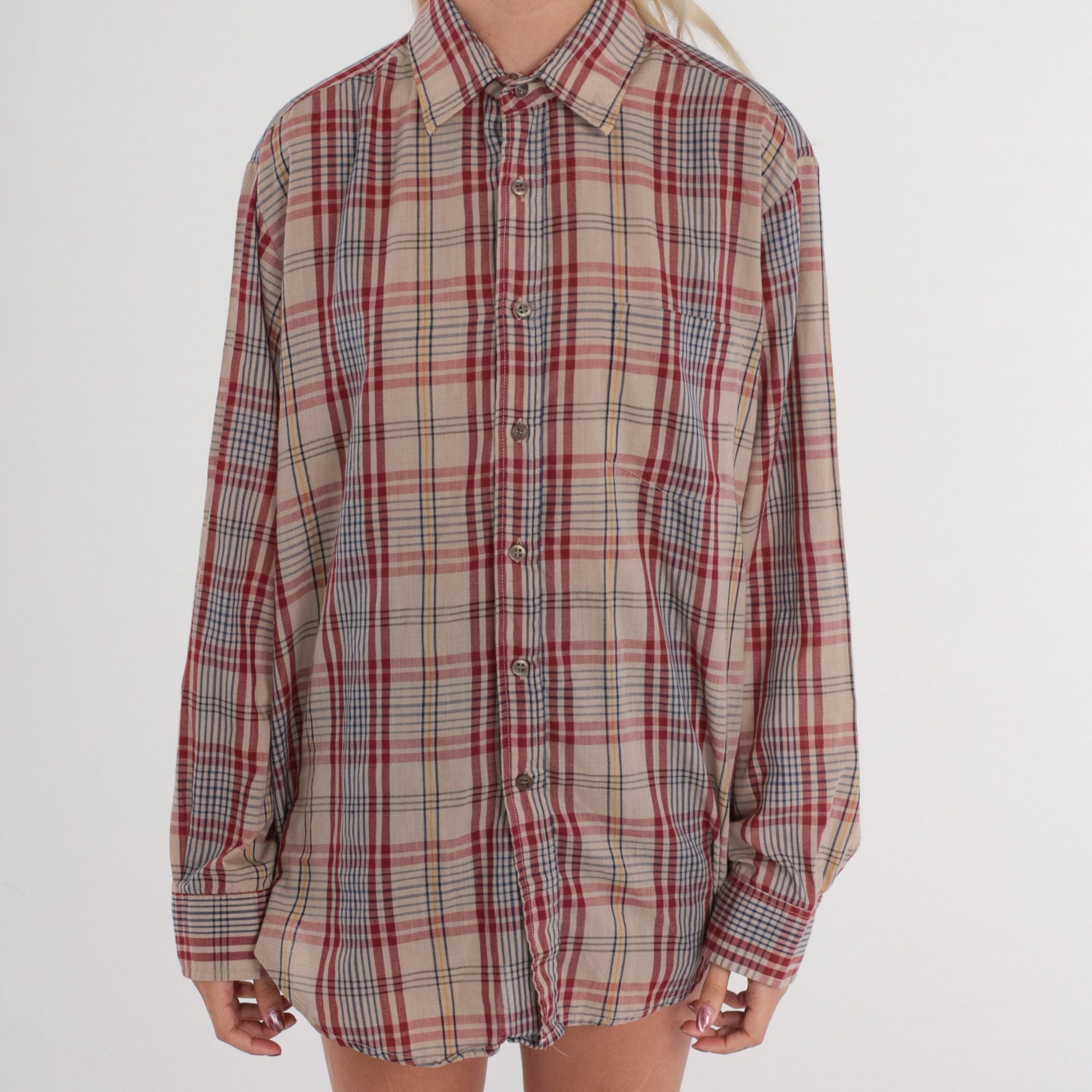 80s Tan Plaid Button-Up Shirt Long Sleeve Flannel Checkered Menswear Large