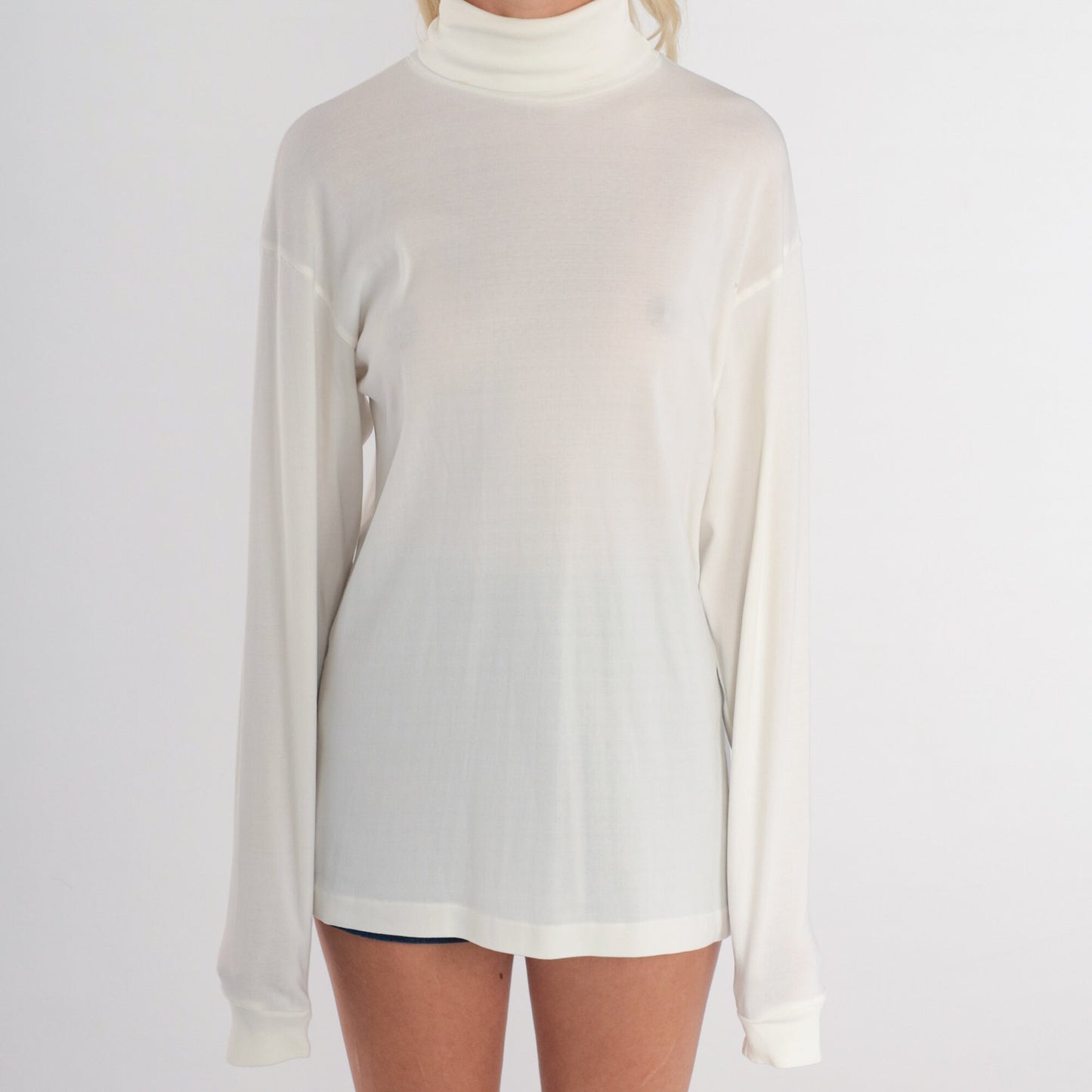 80s Ski Skins White Turtleneck Long Sleeve Semi-Sheer Top Large L
