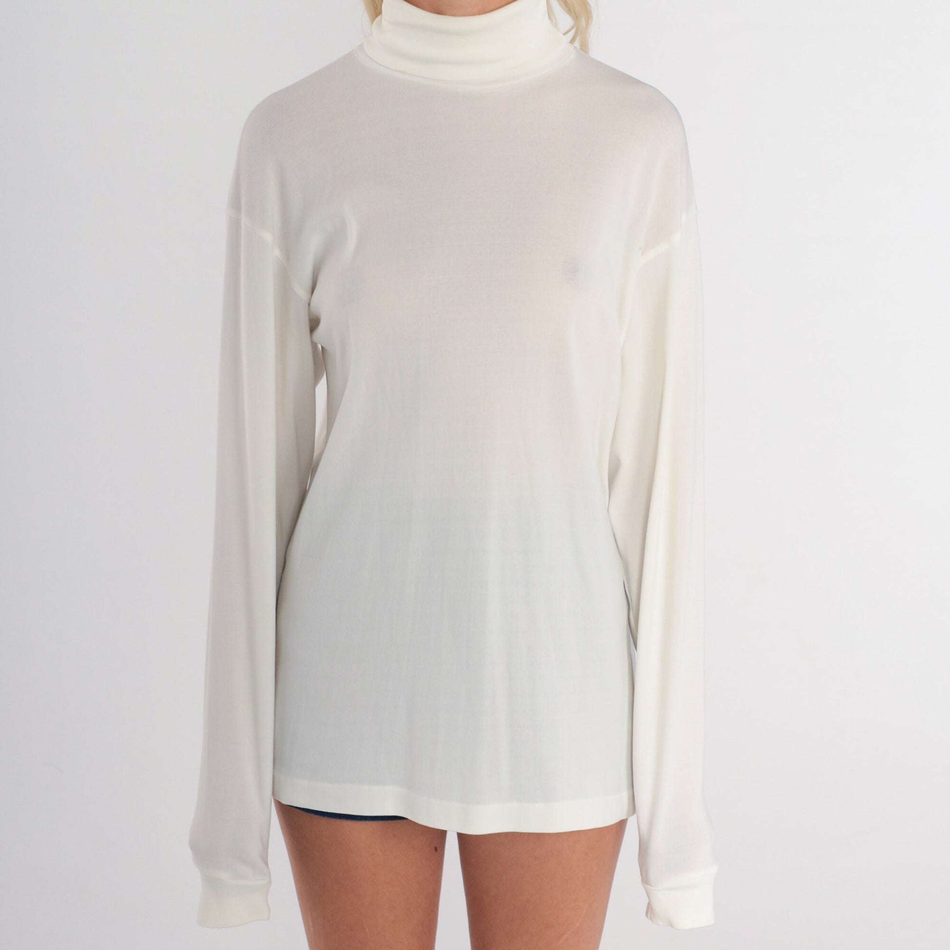 80s Ski Skins White Turtleneck Long Sleeve Semi-Sheer Top Large L