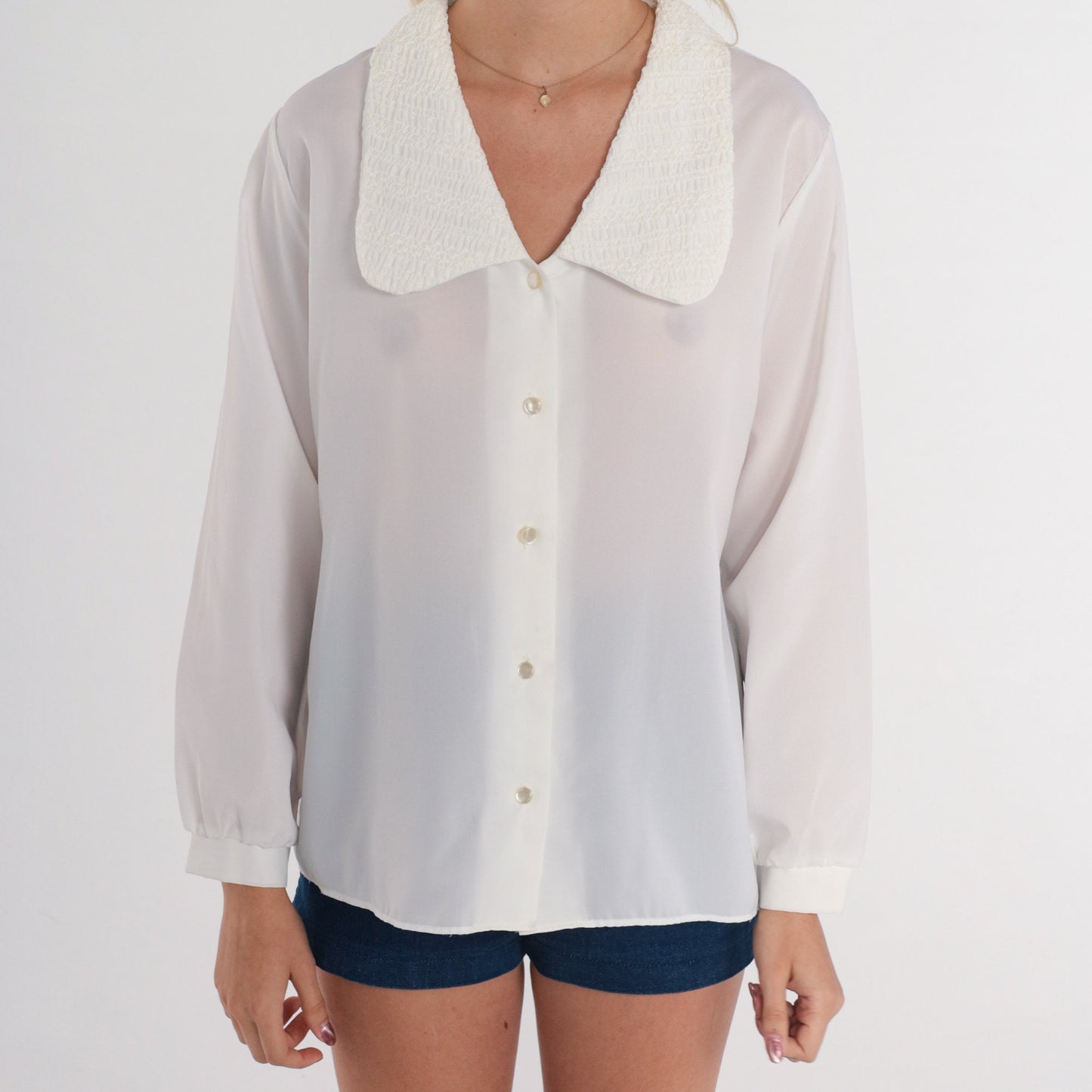 80s Semi-Sheer White Button-Up Blouse Textured Collar Long Sleeve Medium