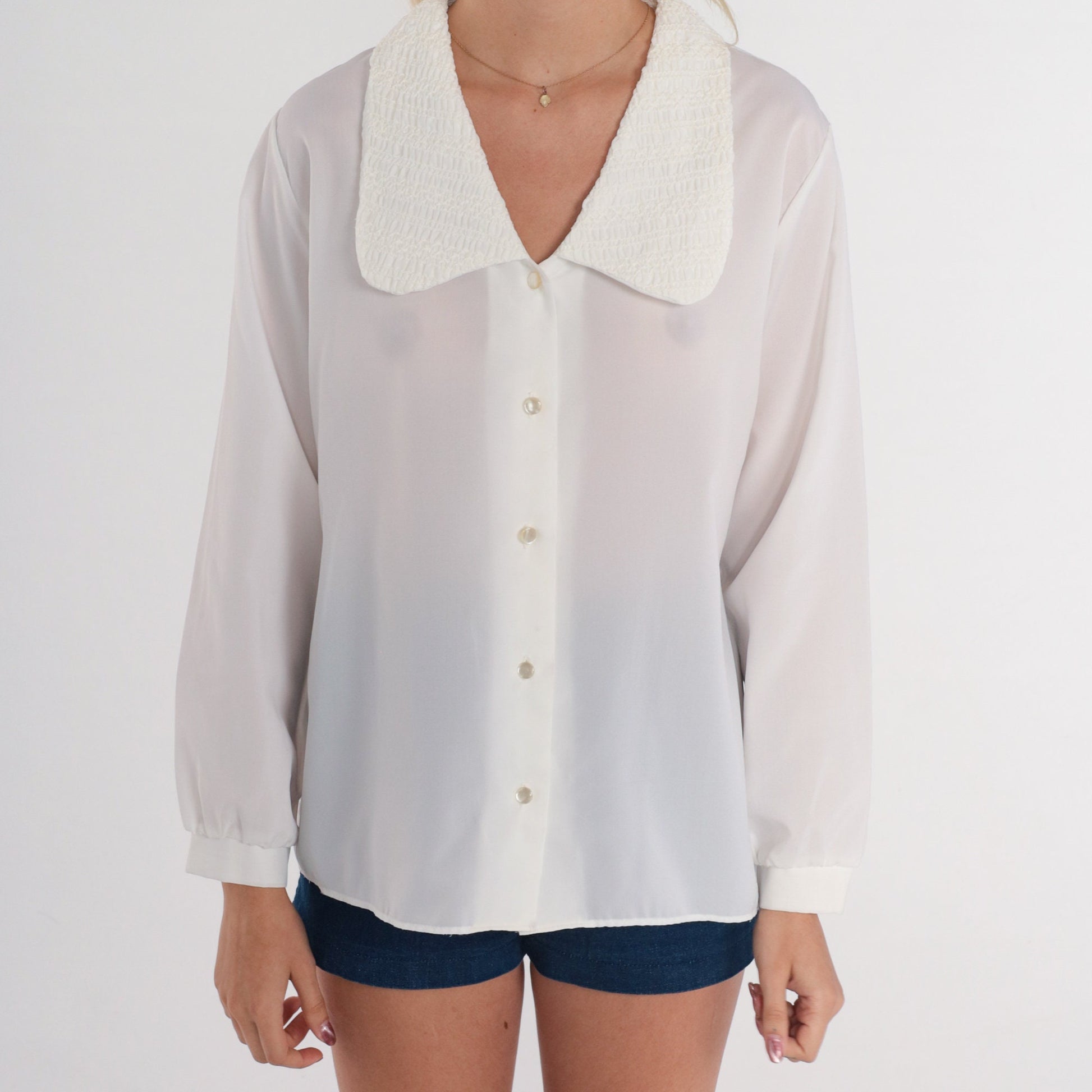 80s Semi-Sheer White Button-Up Blouse Textured Collar Long Sleeve Medium