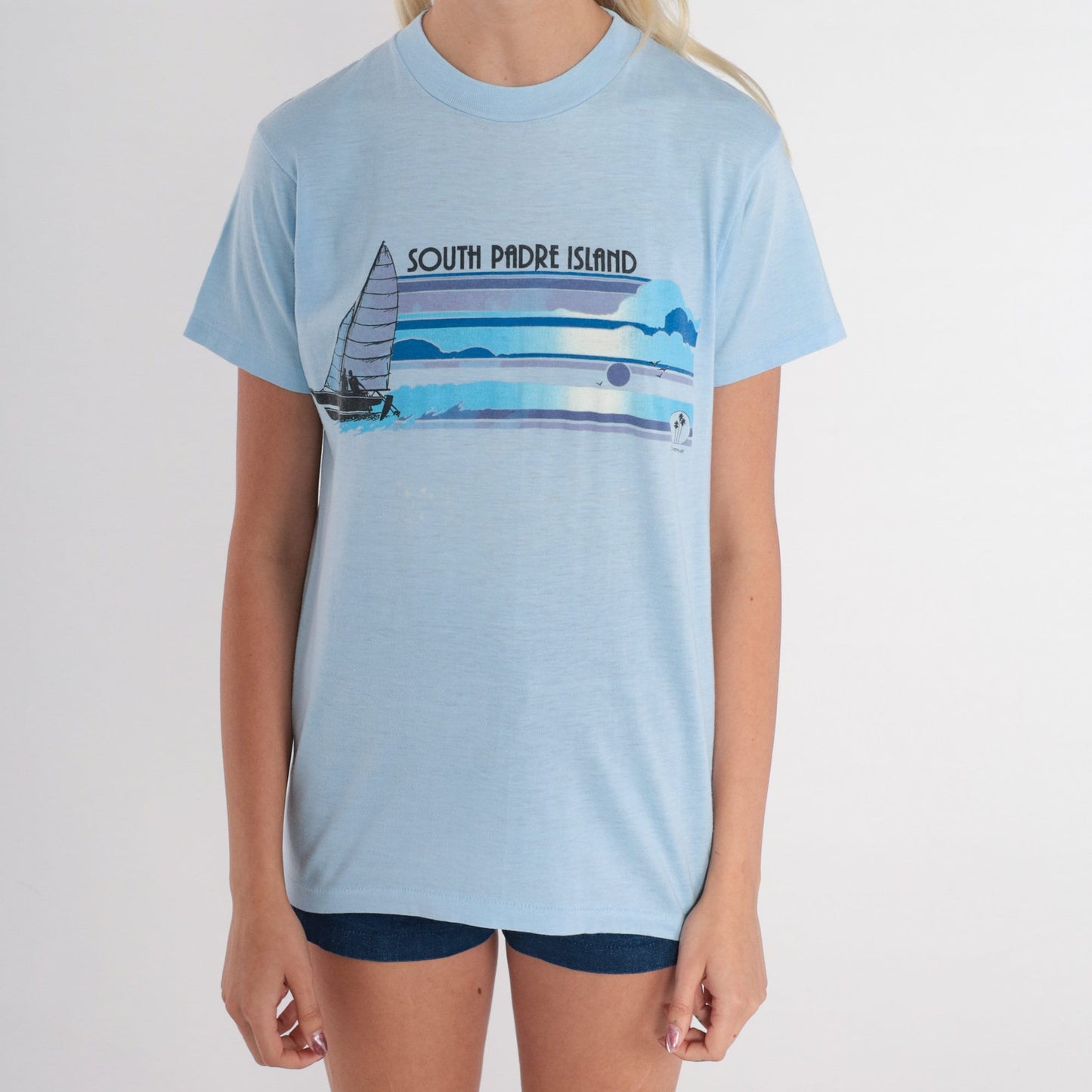 80s South Padre Island Sailboat Graphic T-Shirt Blue Single Stitch Medium