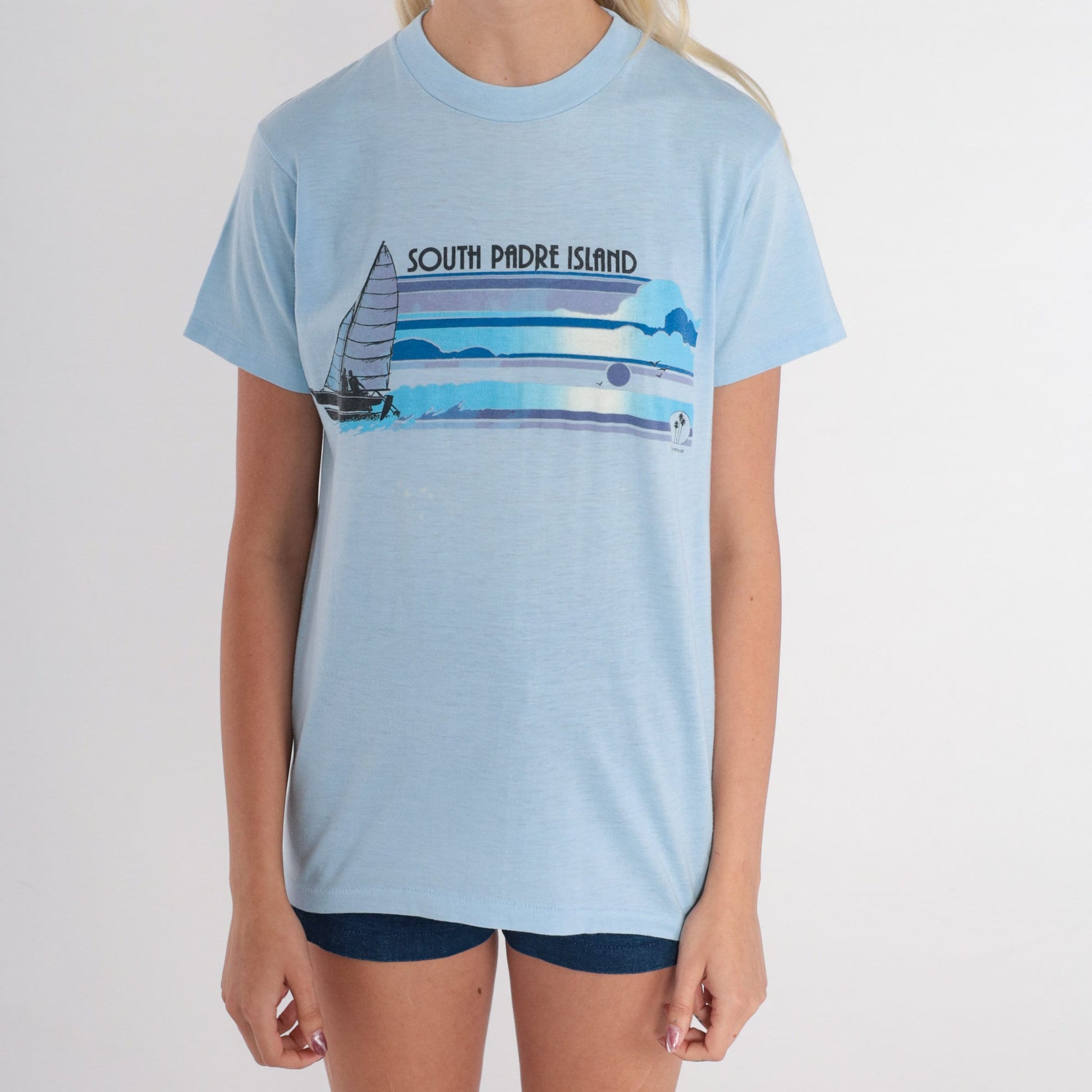 80s South Padre Island Sailboat Graphic T-Shirt Blue Single Stitch Medium