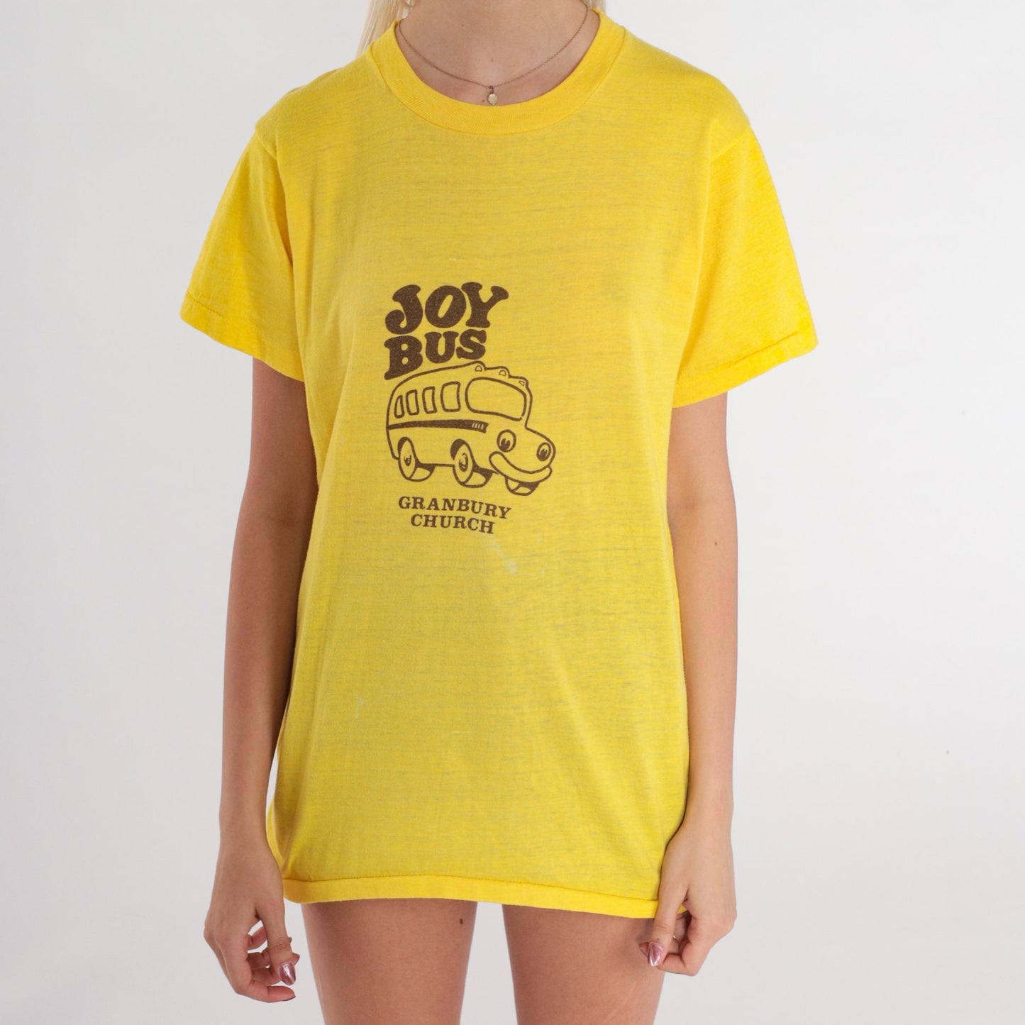 80s Granbury Church Joy Bus Graphic T-Shirt Yellow Christian Baptist Medium