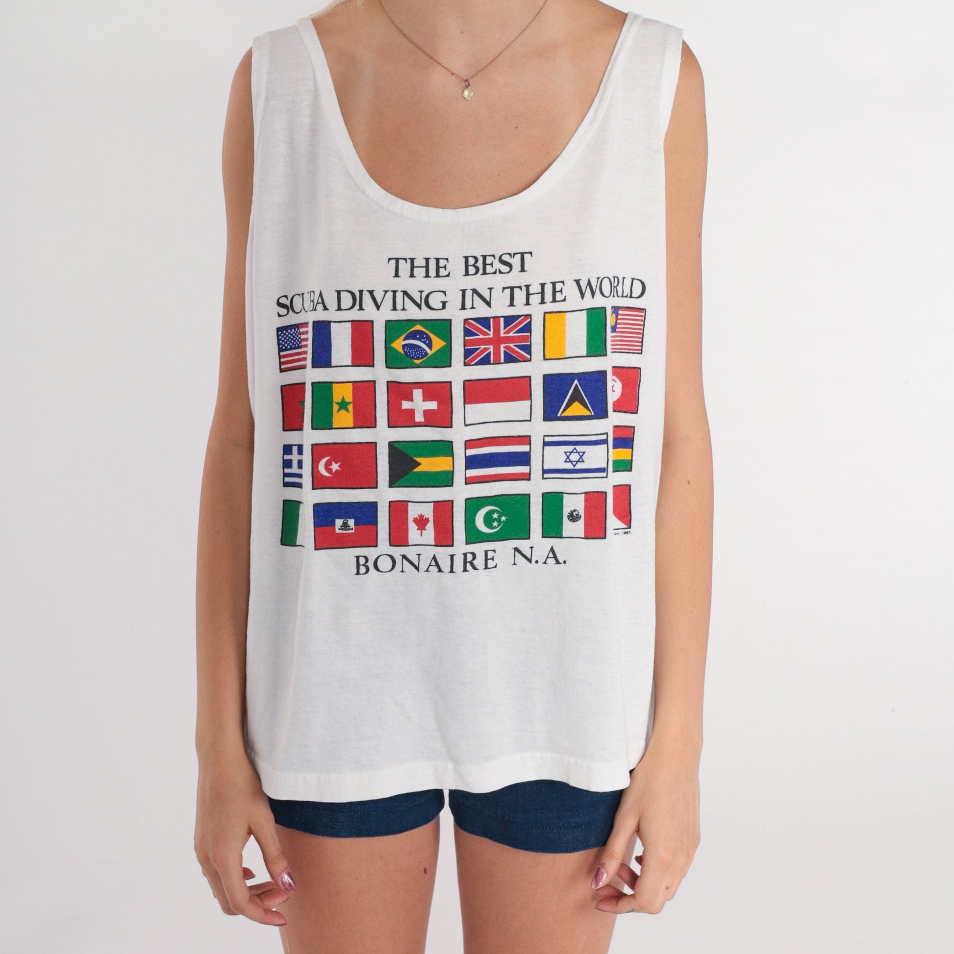 90s Bonaire Scuba Diving Flag Tank Top White Graphic Tee Large L