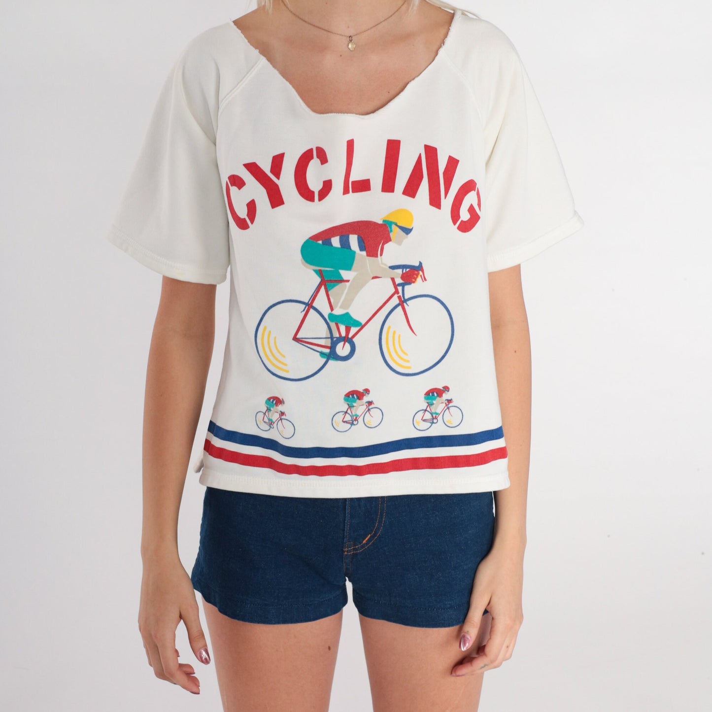 80s Cycling Graphic T-Shirt White Cotton Cutoff Neckline Large