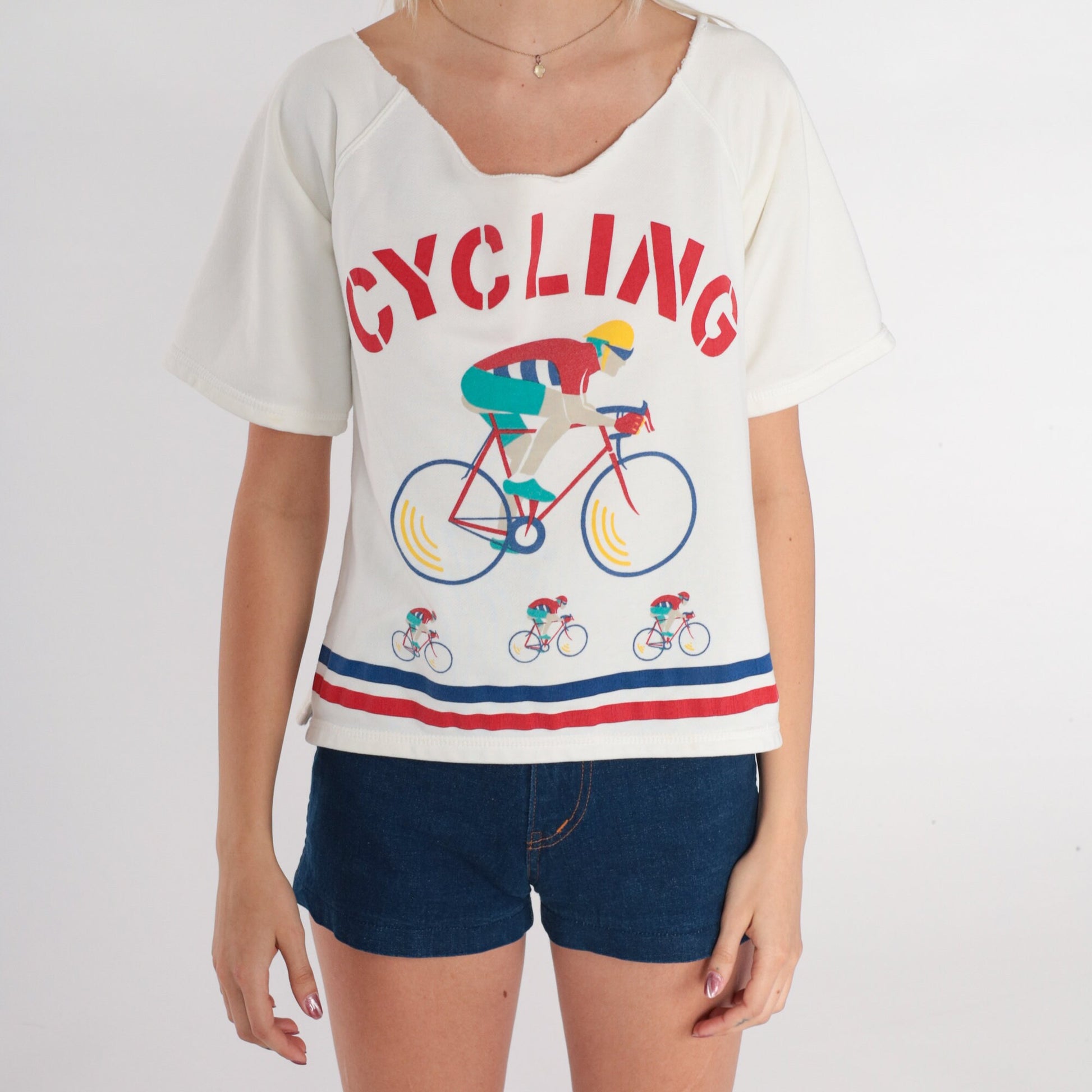 80s Cycling Graphic T-Shirt White Cotton Cutoff Neckline Large