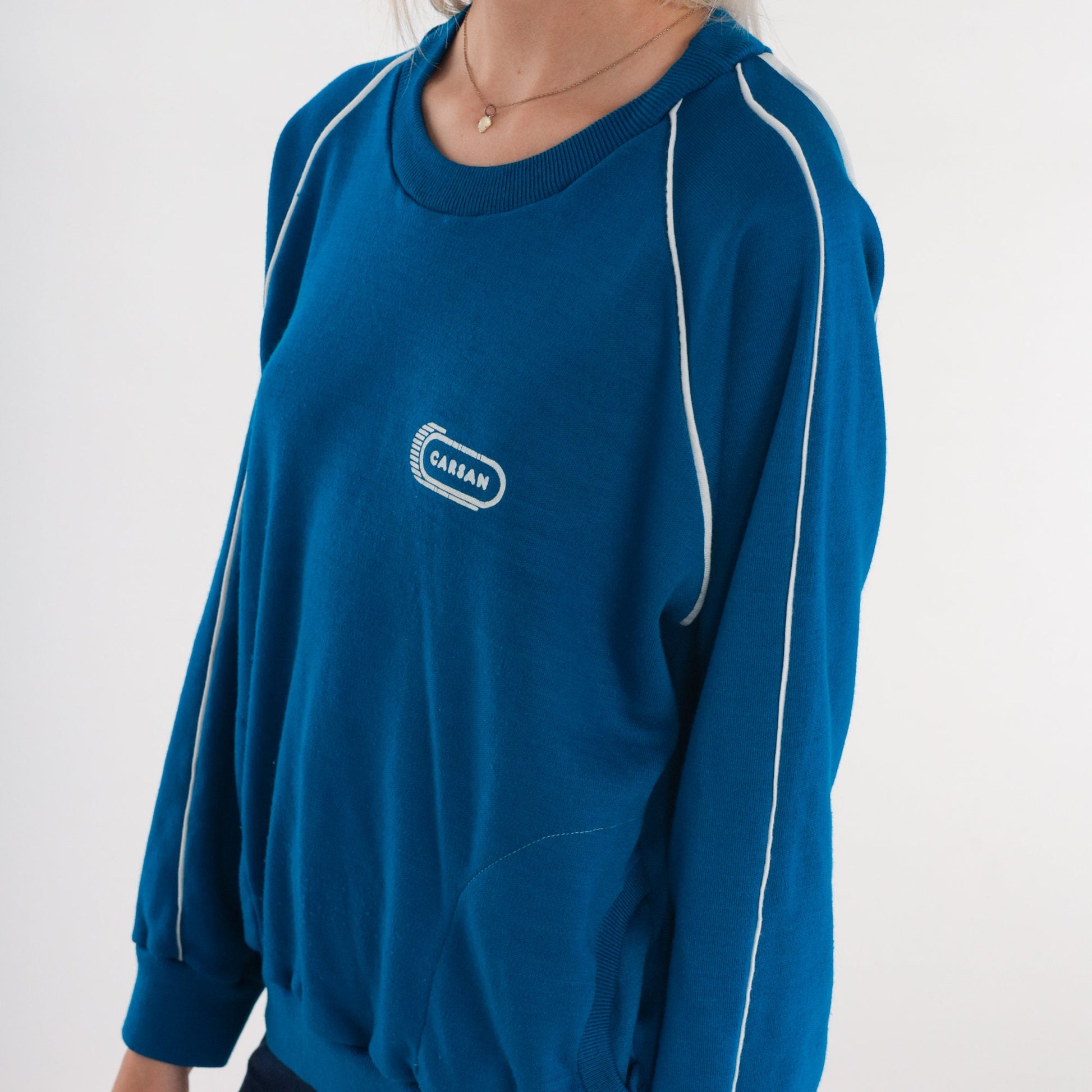 80s Carsan Graphic Sweatshirt Blue Raglan Crewneck Medium